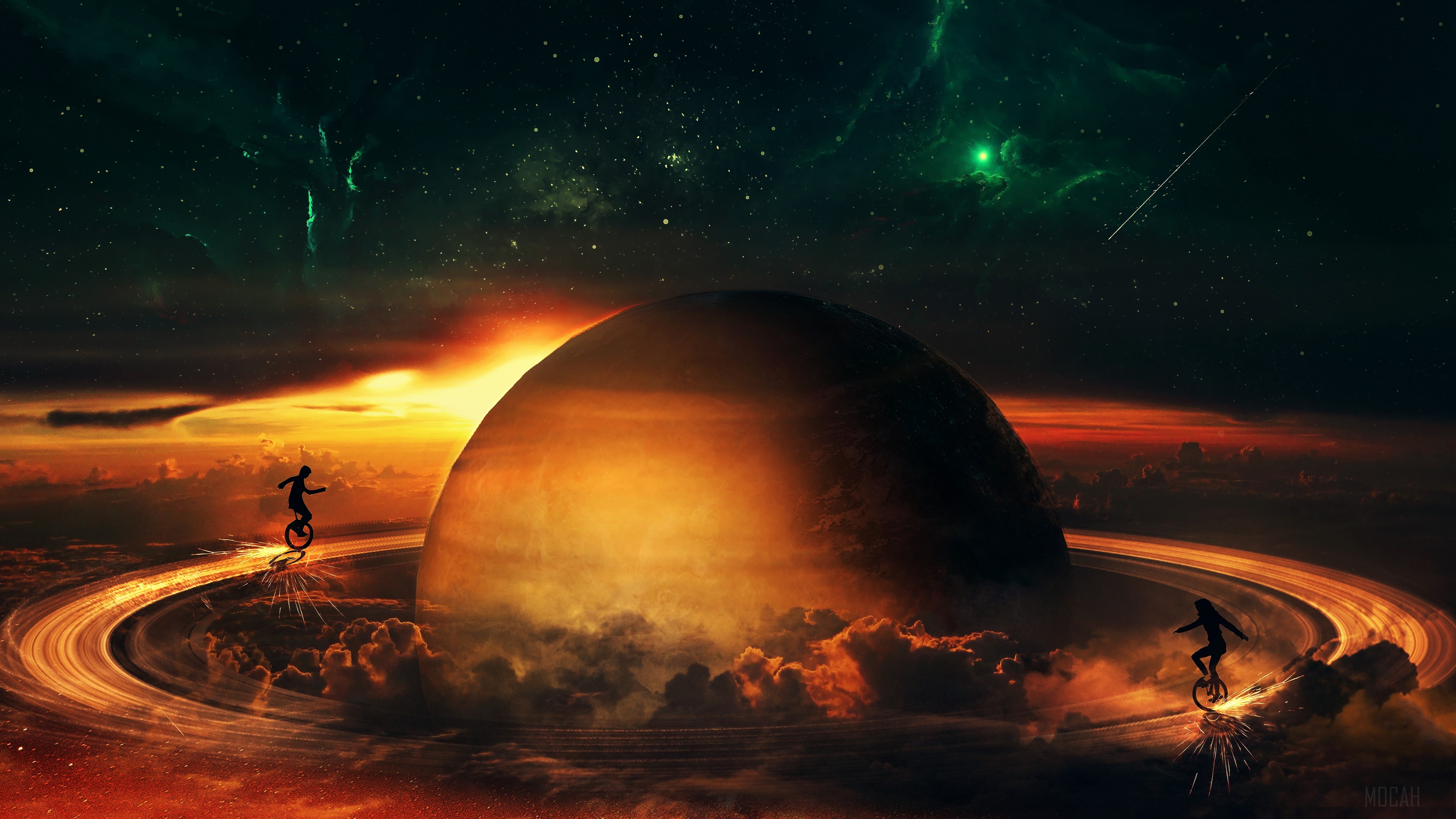 Two people on unicycles on Saturn's rings HD Wallpaper