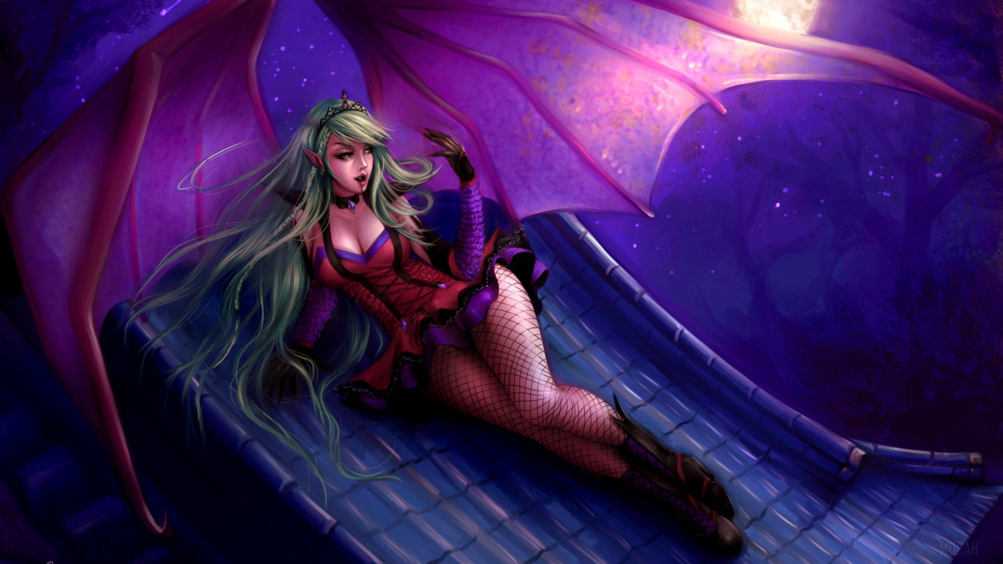 4K Vampire Woman with Wings on Rooftop HD Wallpaper