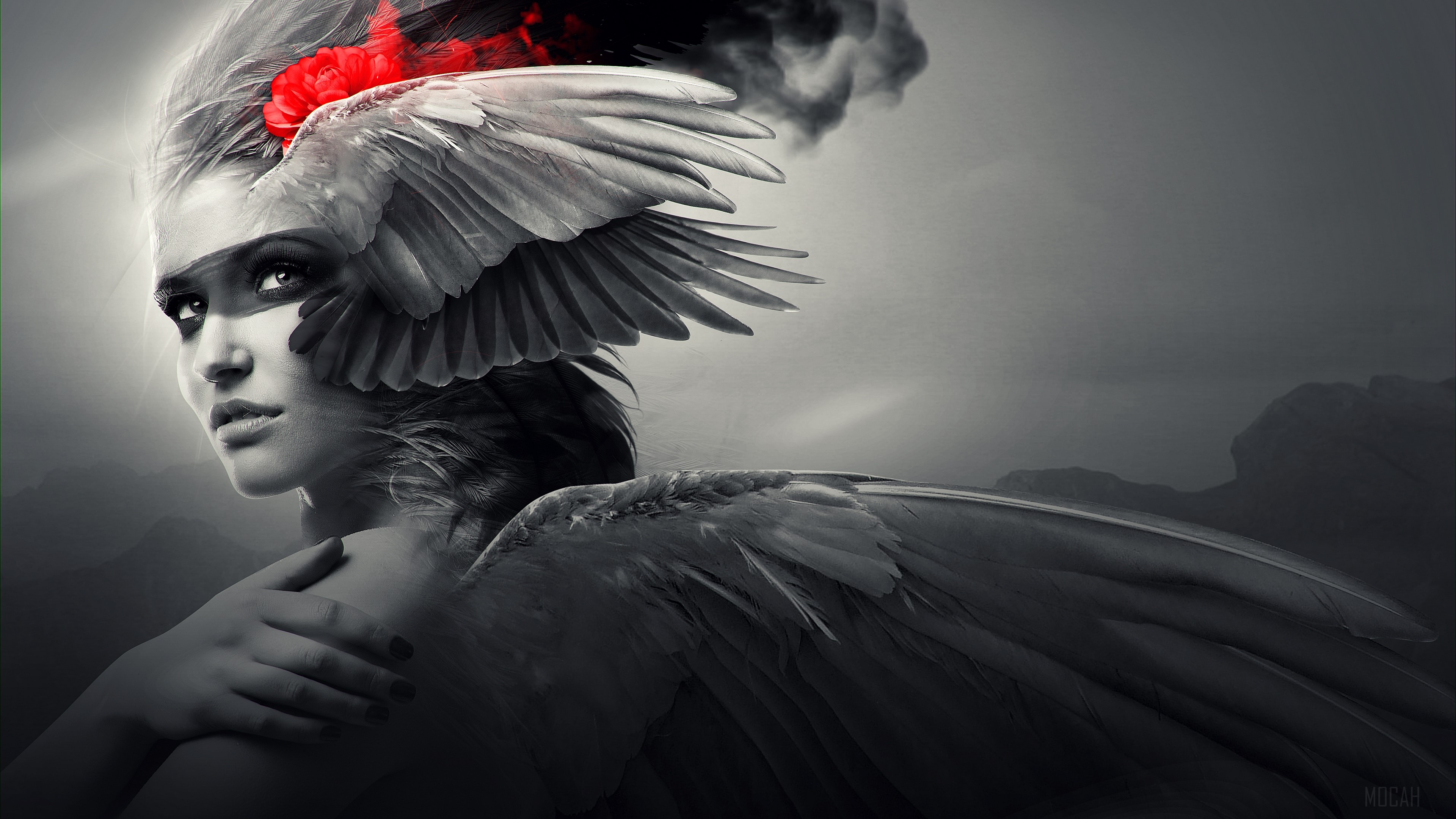 Woman with wings and red flower HD Wallpaper