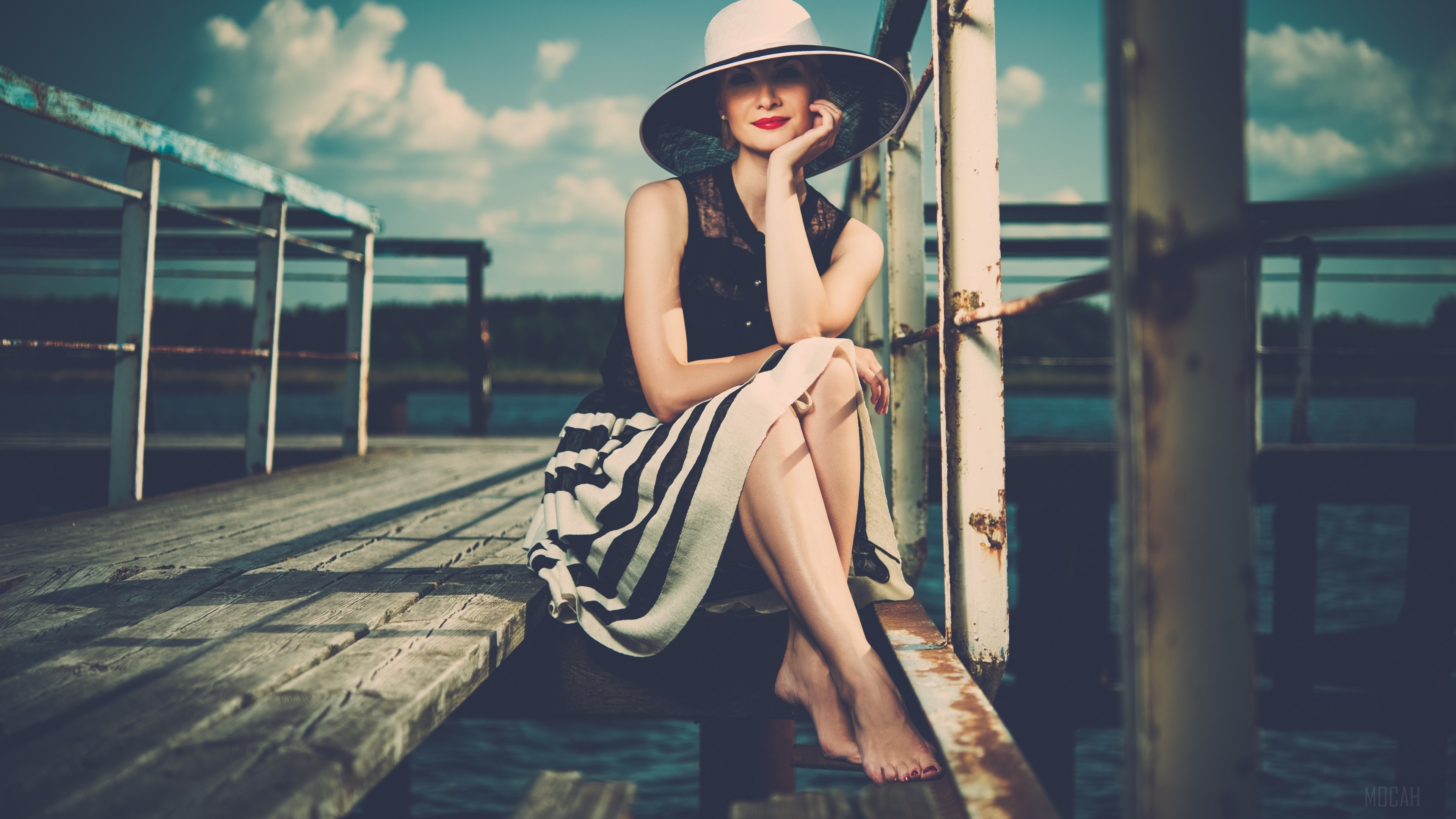 Woman in Hat on Pier HD Wallpaper