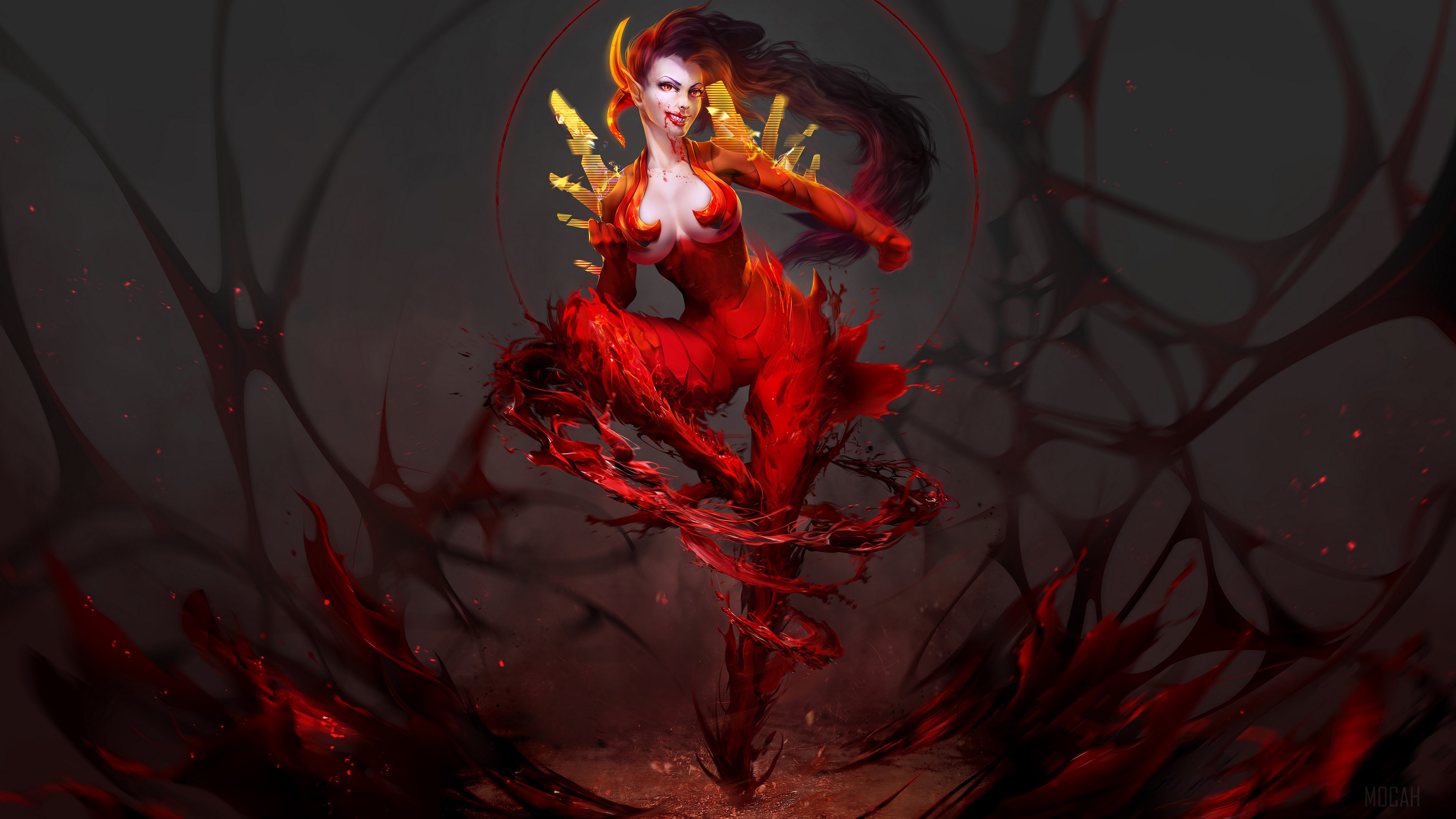 4K Red Demon Woman with Blood Tendrils HD Wallpaper