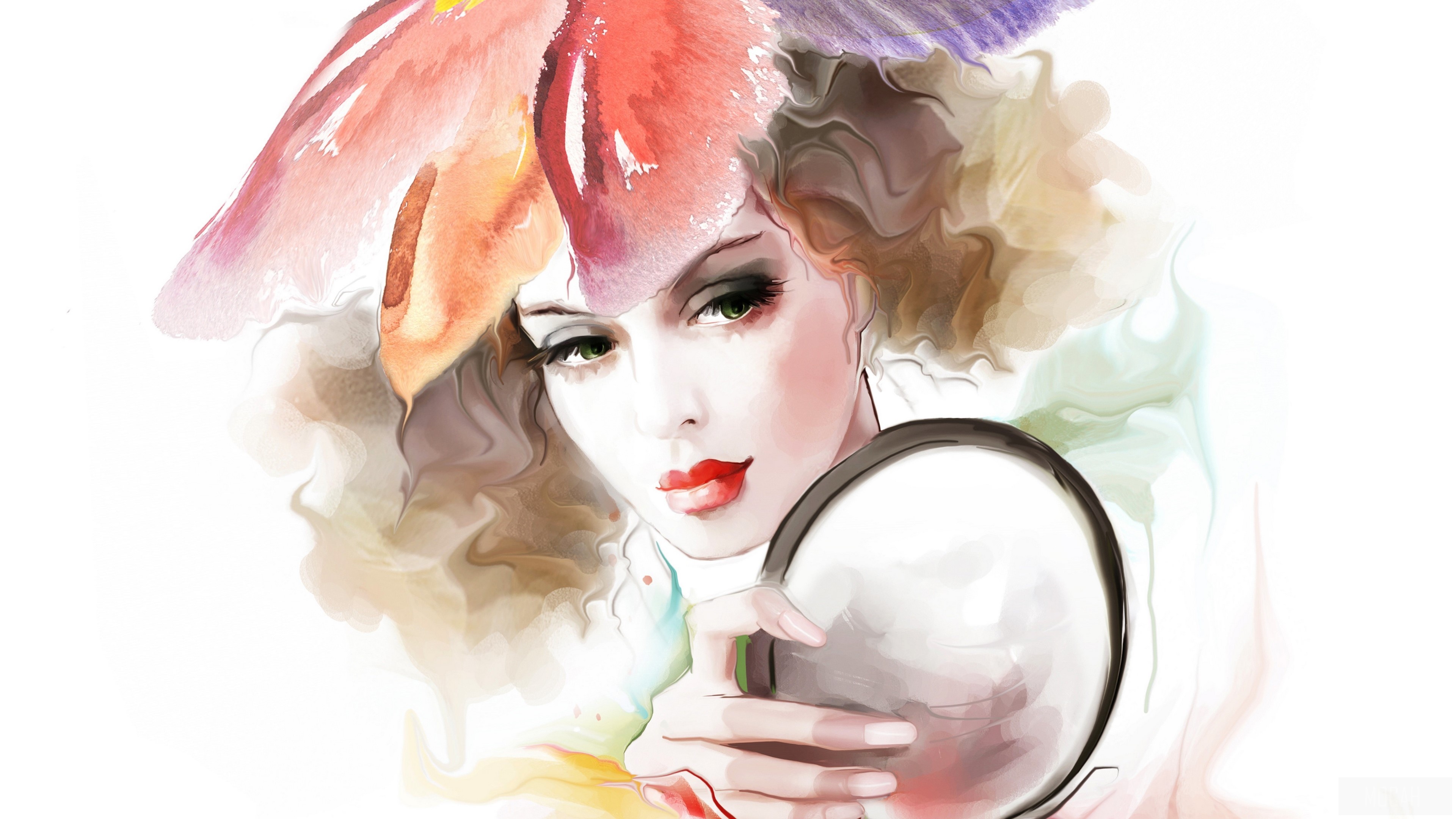 Woman with flower hat holding mirror HD Wallpaper