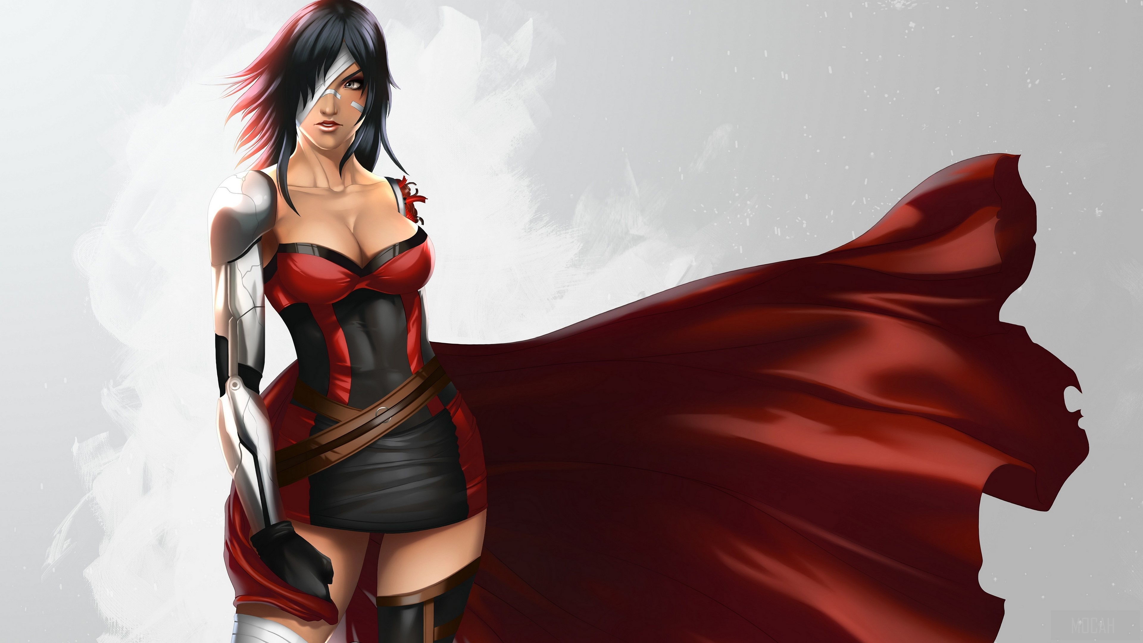 Woman with cybernetic arm and red cape HD Wallpaper