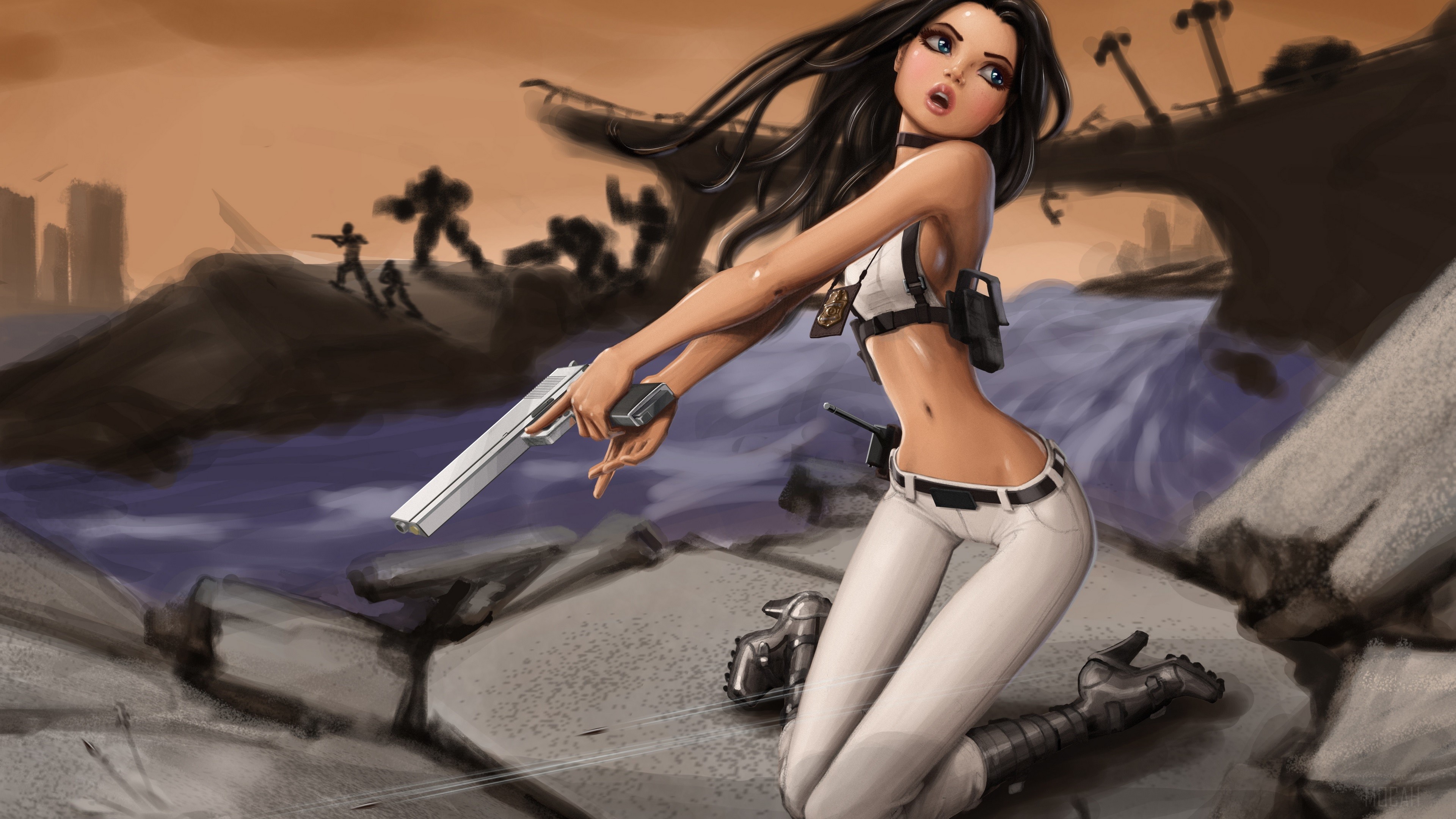 Woman with gun in post-apocalyptic setting HD Wallpaper