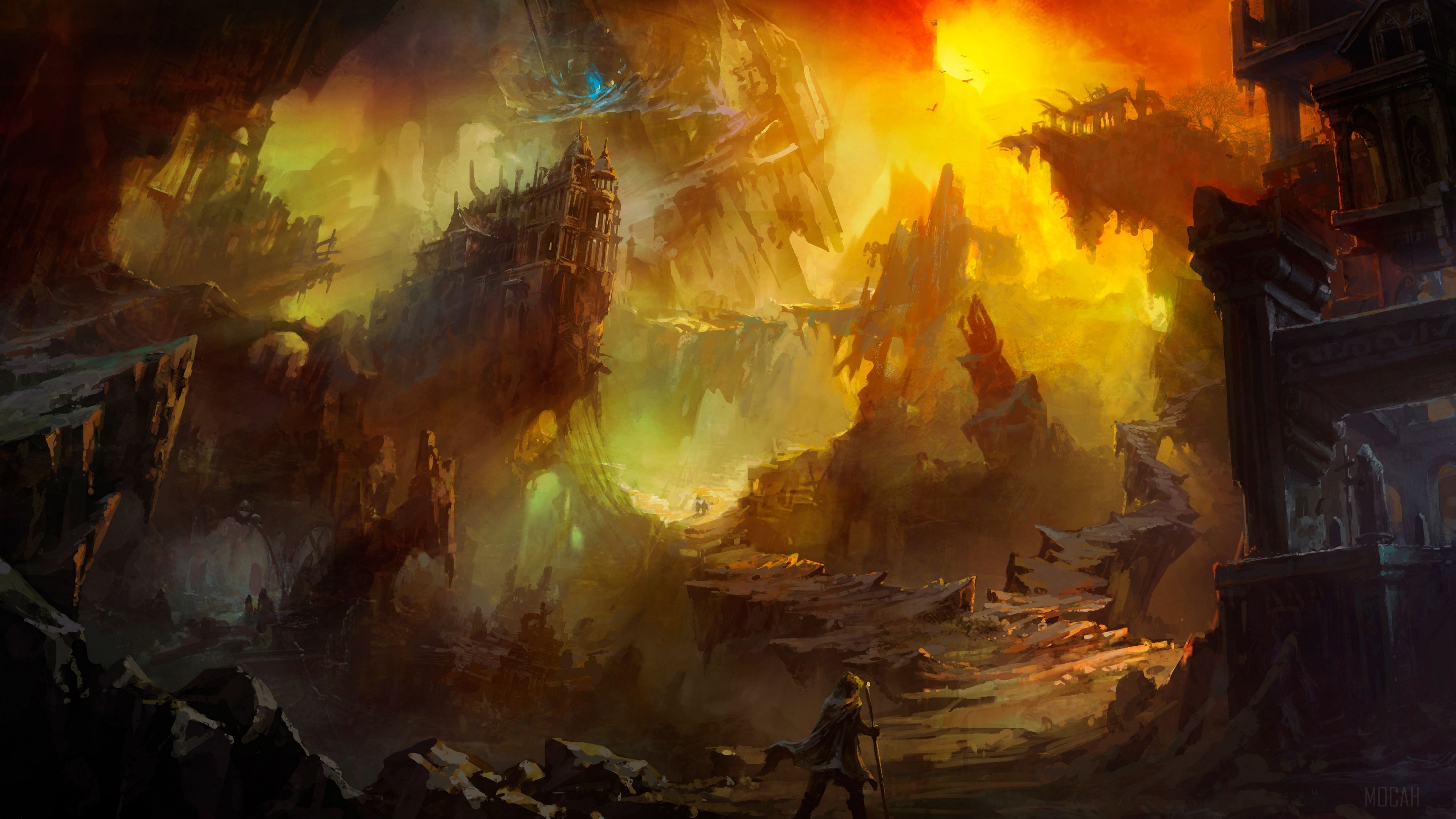 Fantasy landscape with ruins and figures HD Wallpaper