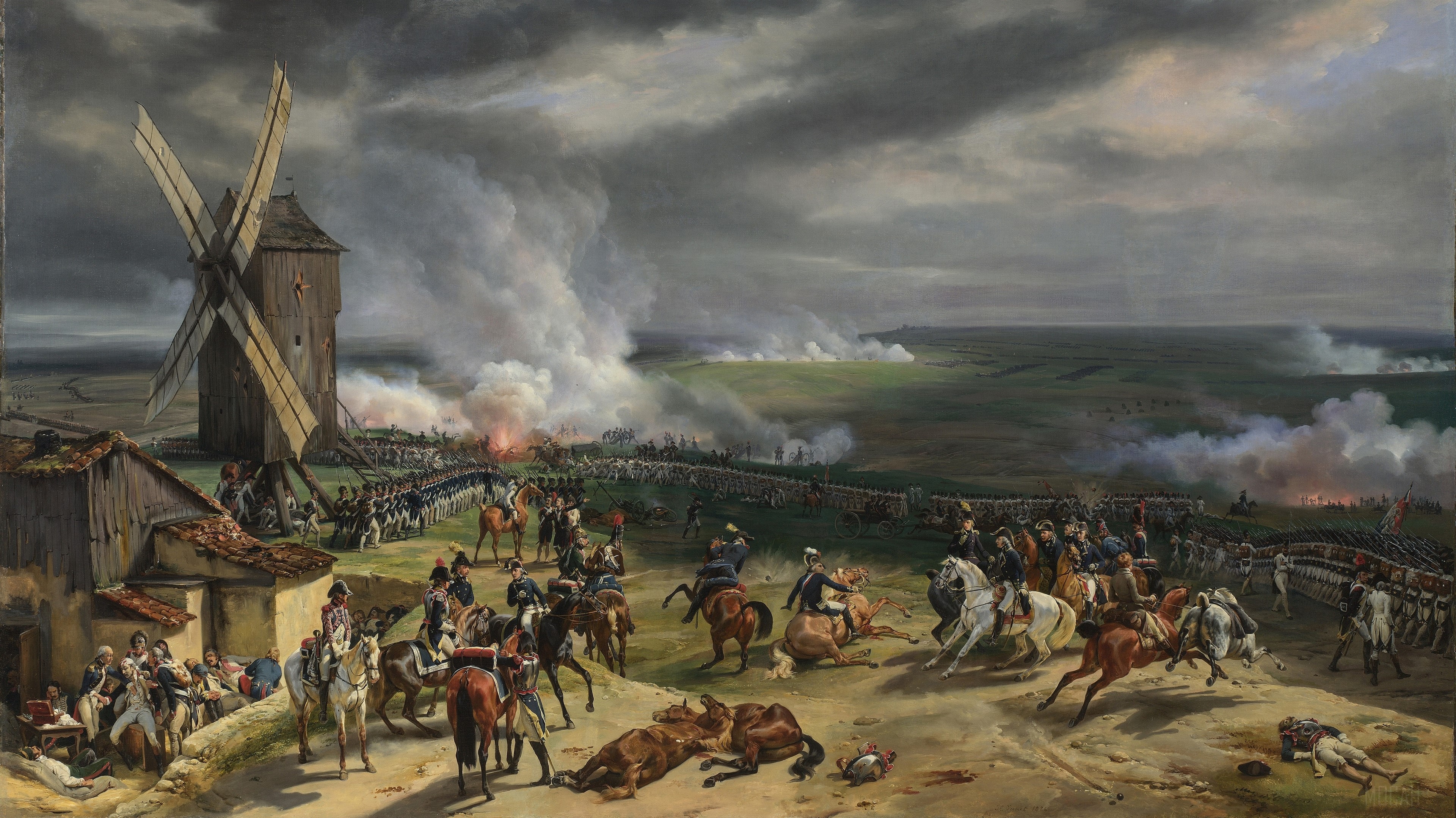 Battle Scene with Windmill and Soldiers HD Wallpaper