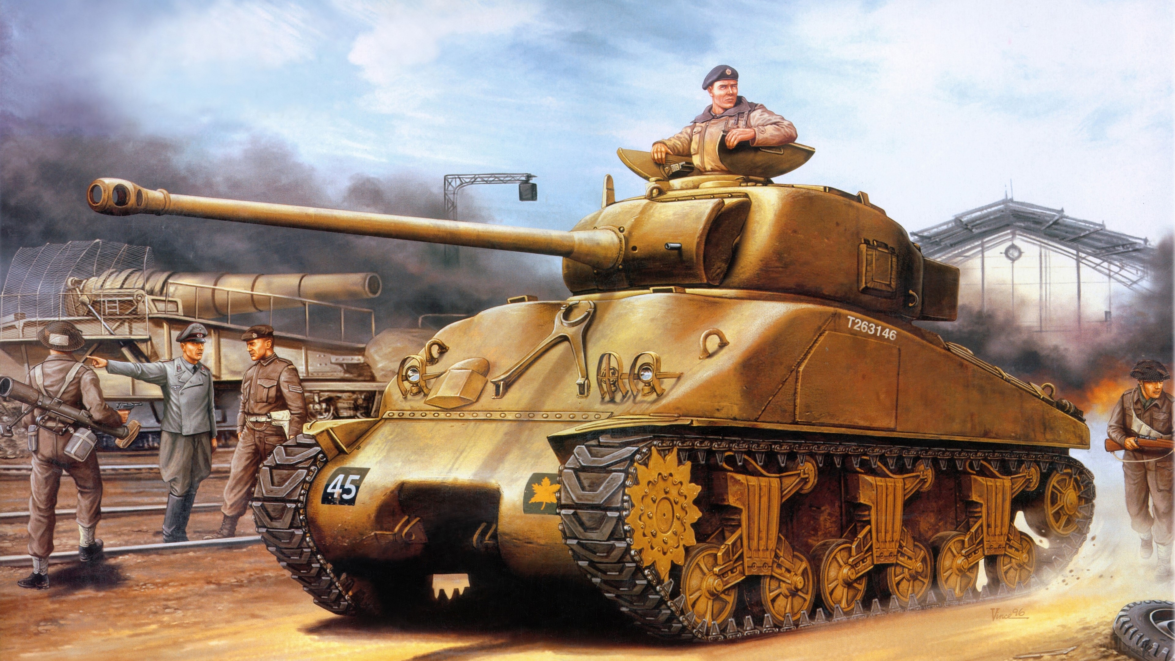 Sherman tank with crew and artillery on railway tracks HD Wallpaper