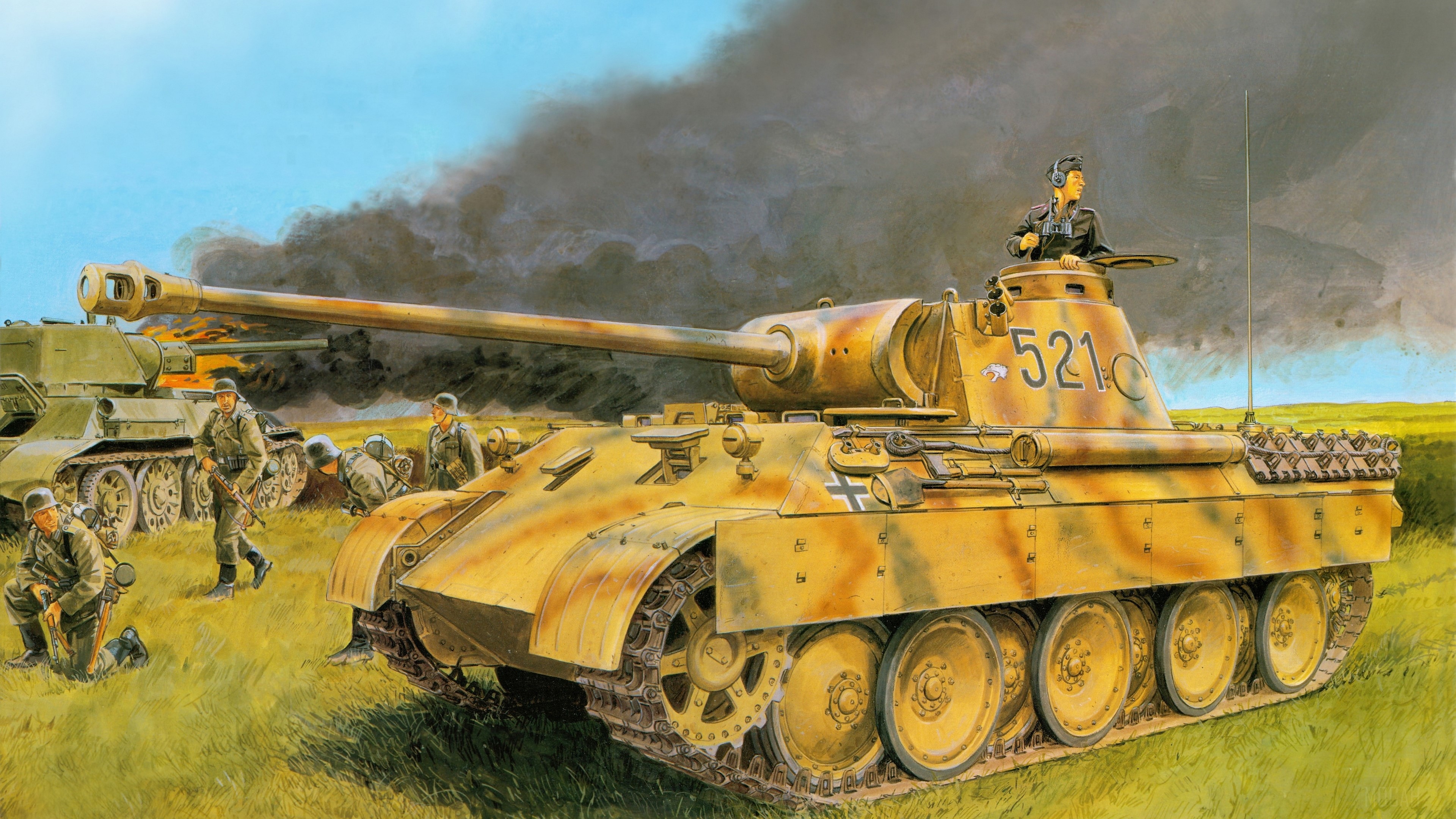 German Panther tank with soldiers in battle HD Wallpaper