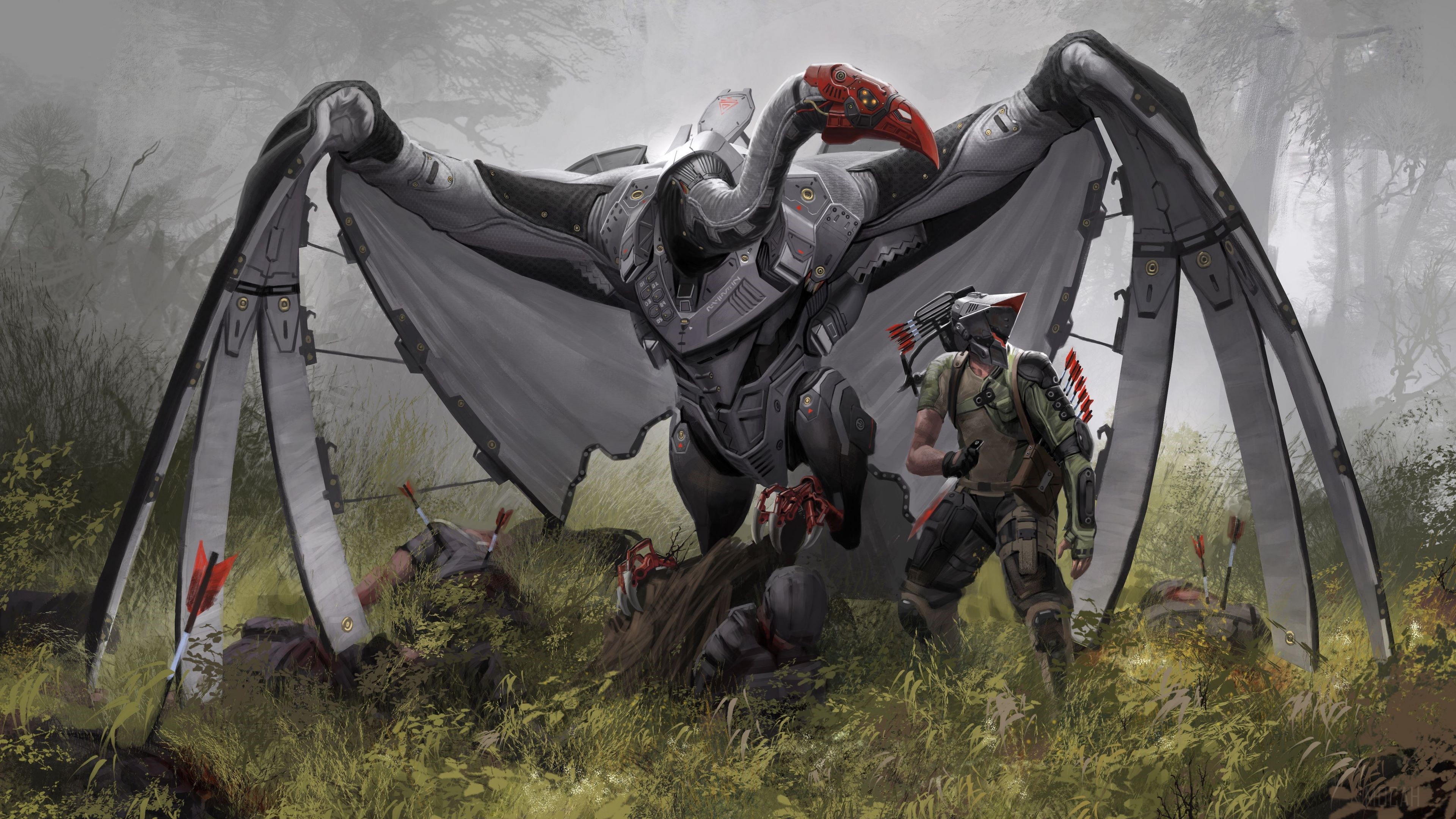 Mechanical Vulture Creature and Soldier in Forest HD Wallpaper