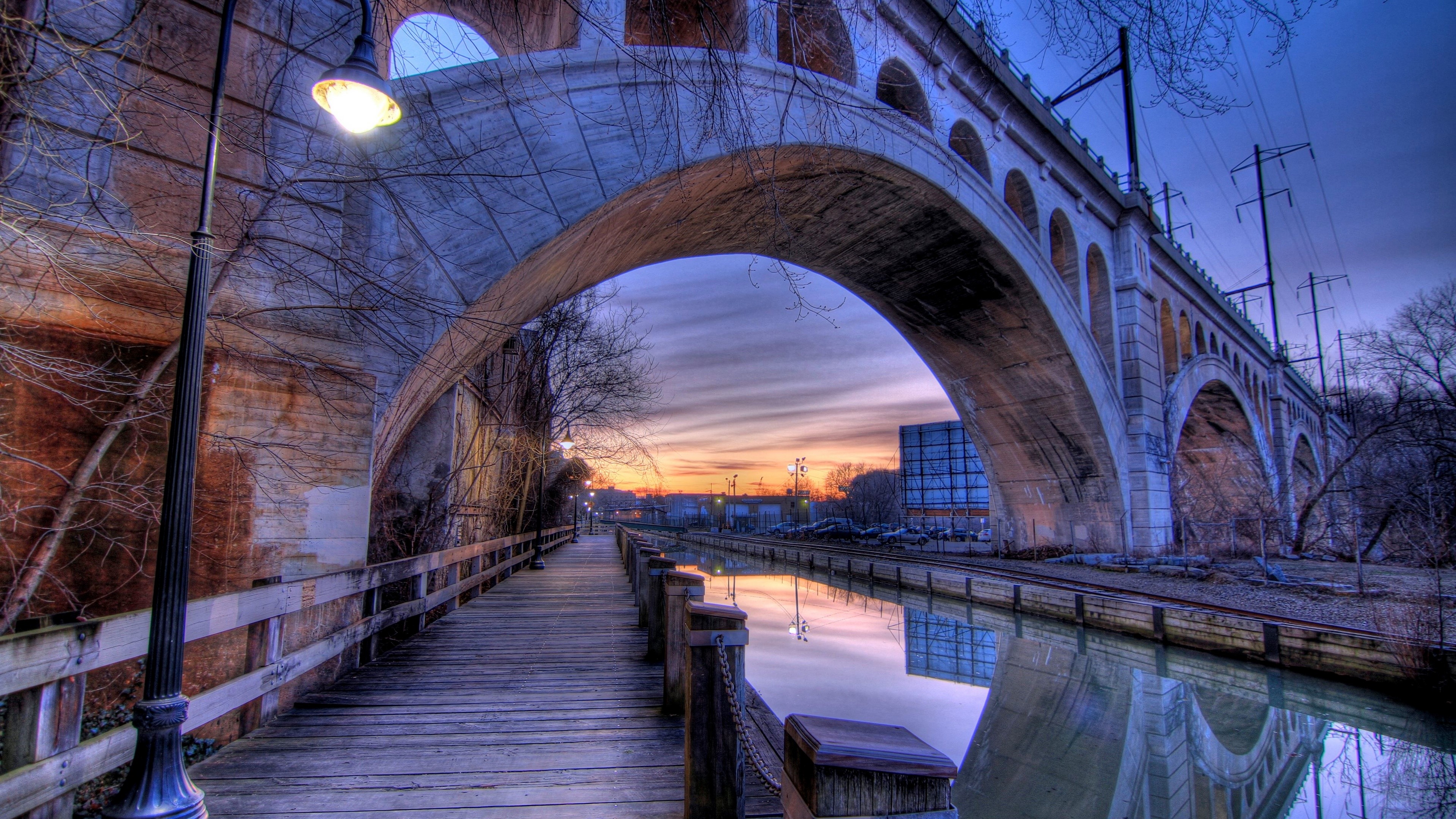 Bridge over canal at sunset HD Wallpaper