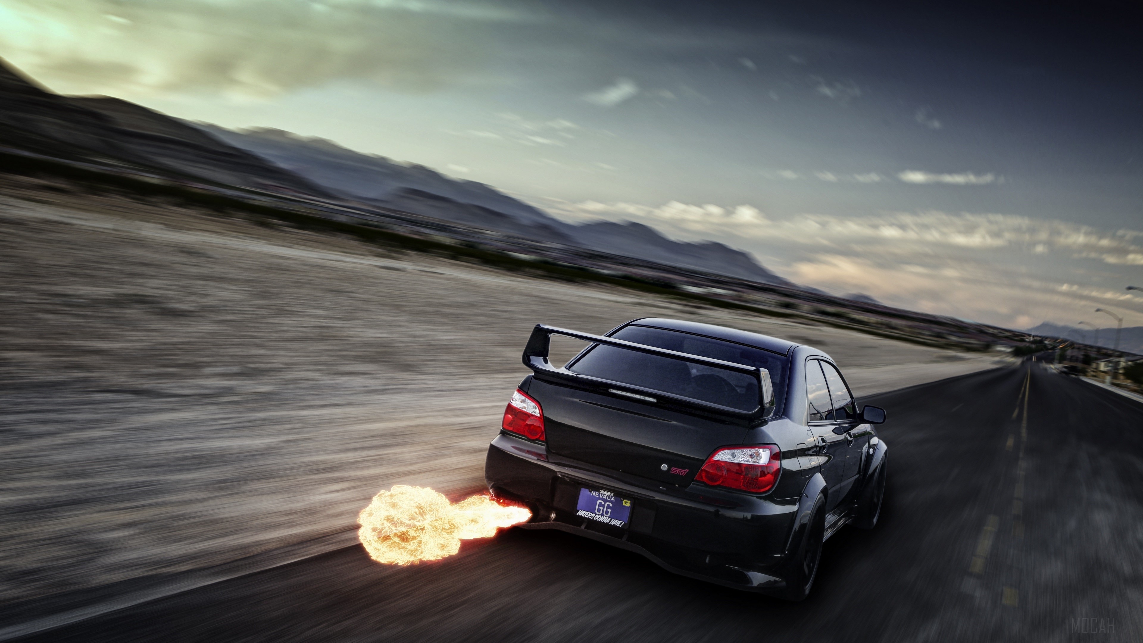Black Subaru Impreza WRX STI with flames HD Wallpaper