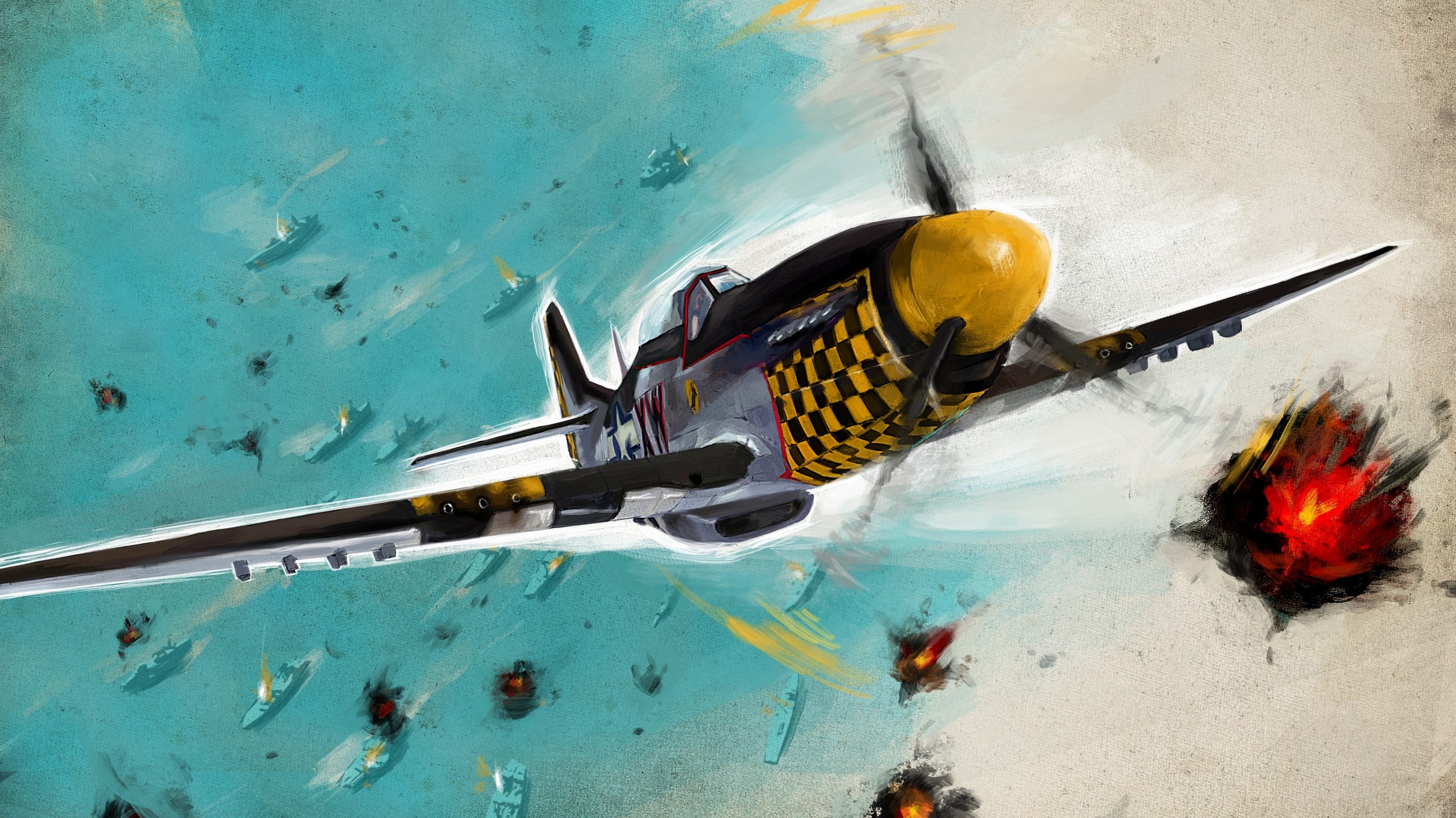 Fighter plane attacking ships HD Wallpaper