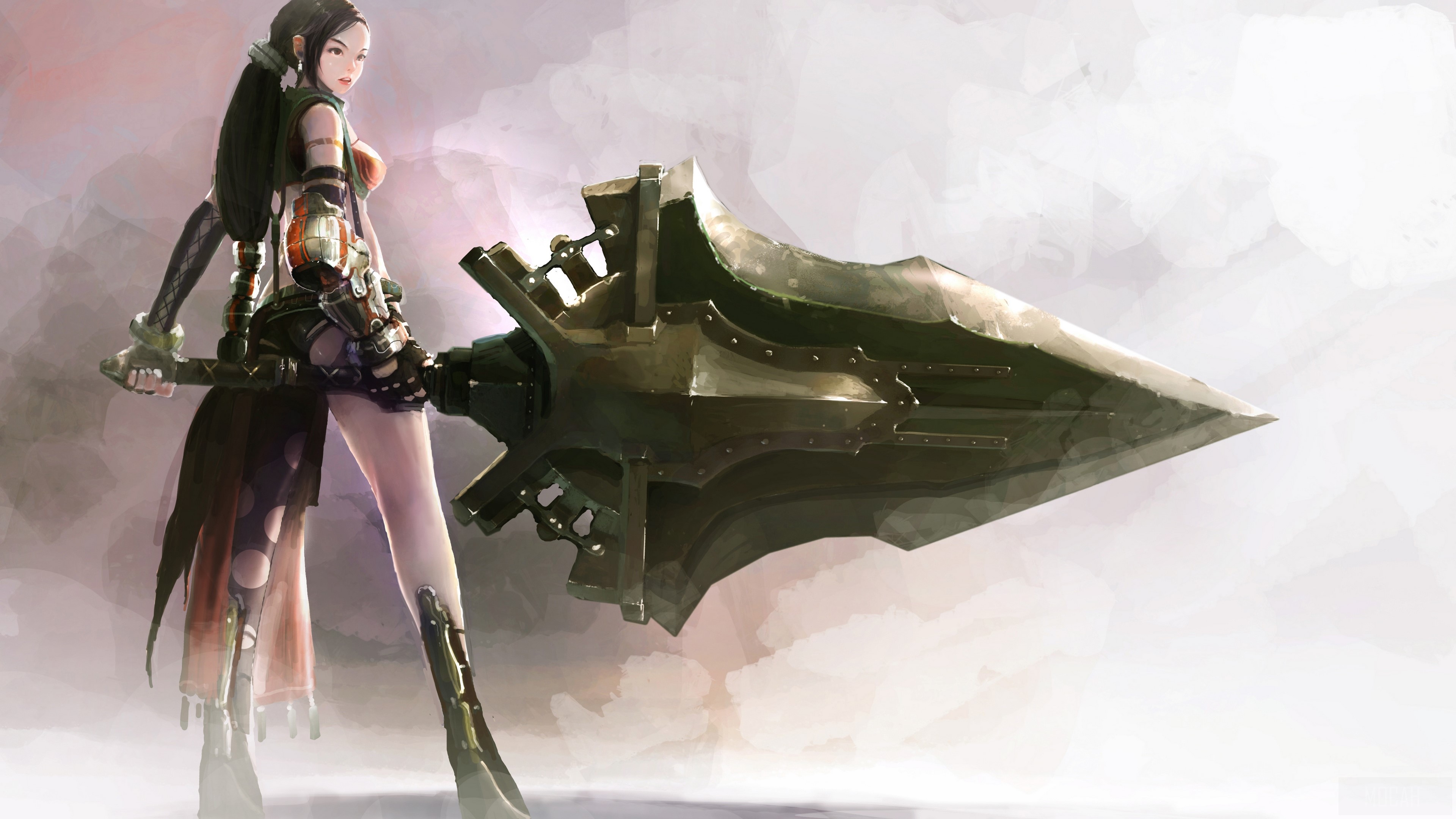 Woman with a large spear weapon HD Wallpaper