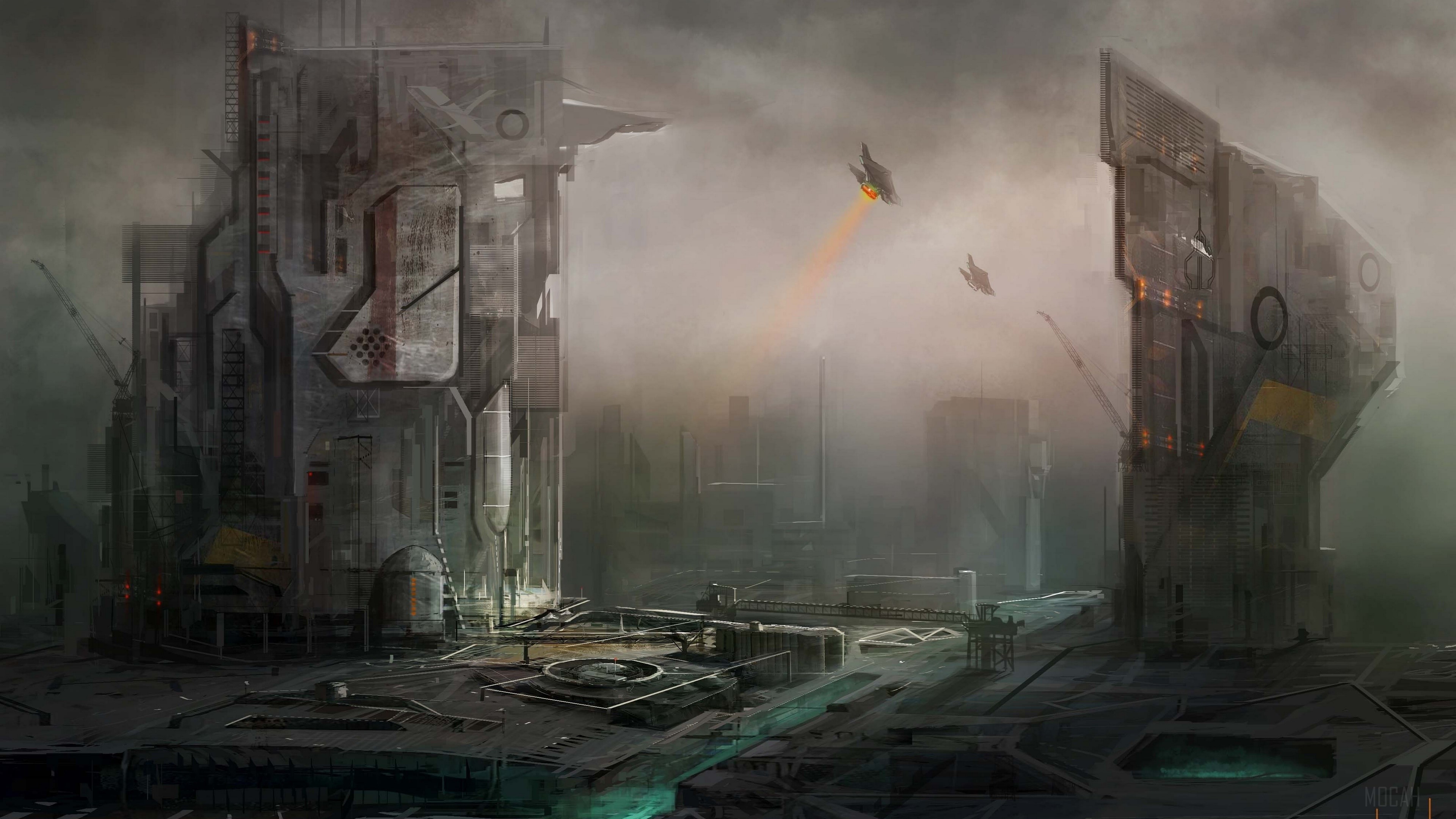Futuristic industrial city with flying vehicles HD Wallpaper