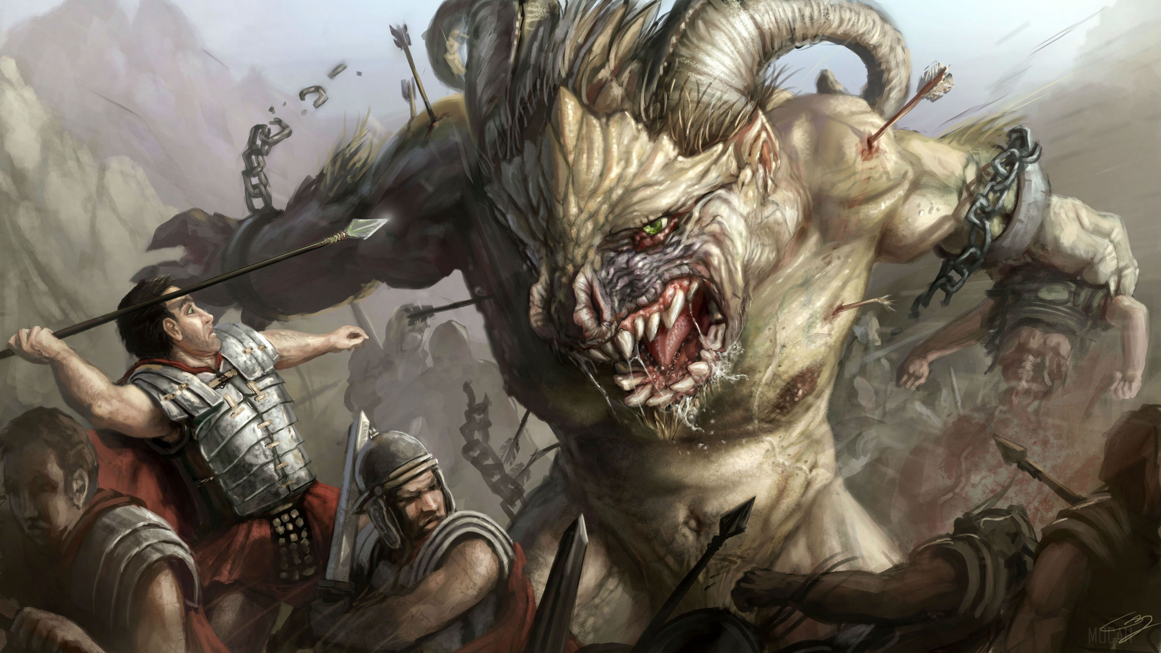 Giant monster battle with Roman soldiers HD Wallpaper
