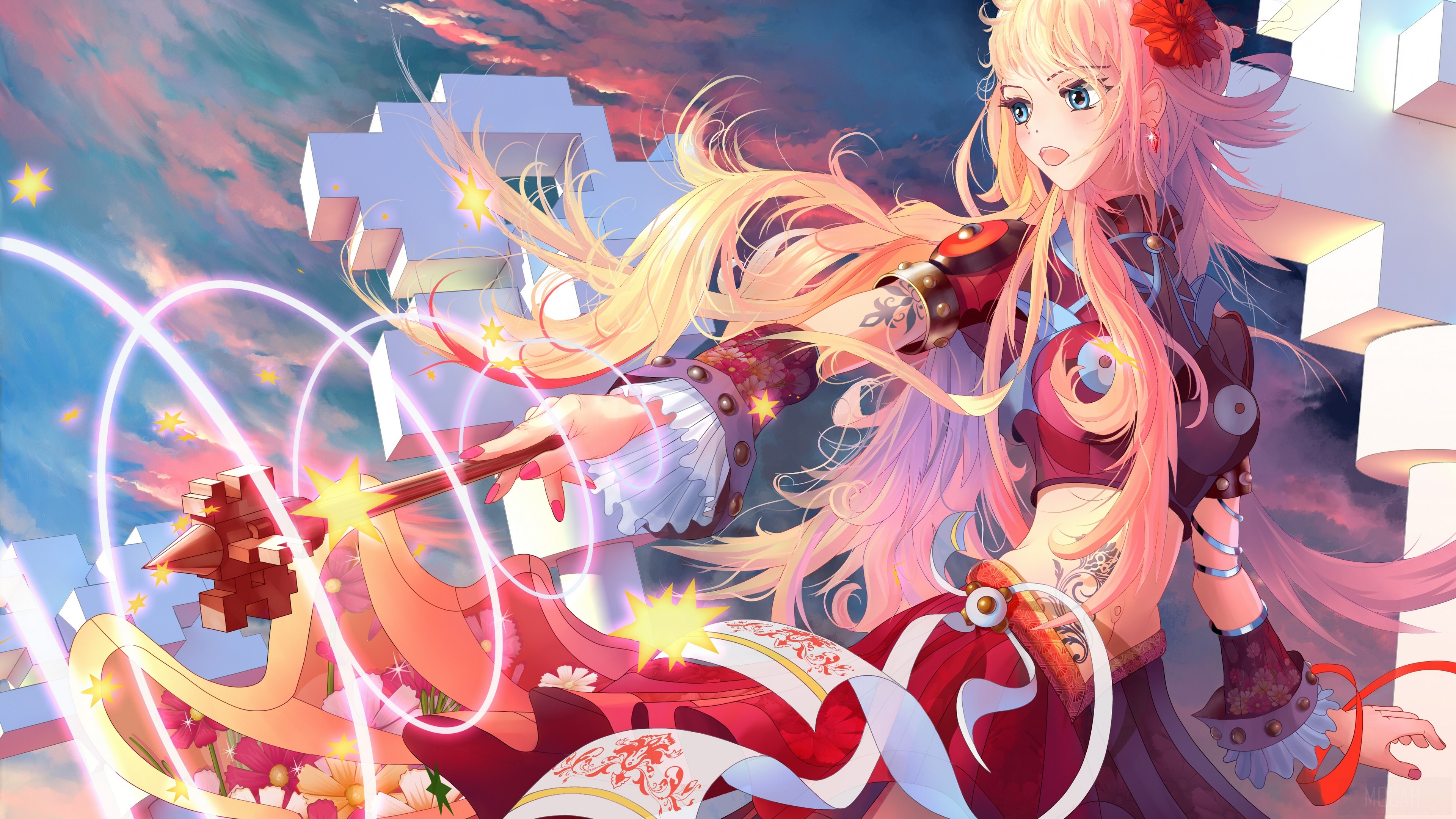Anime girl with blonde hair and magic staff HD Wallpaper