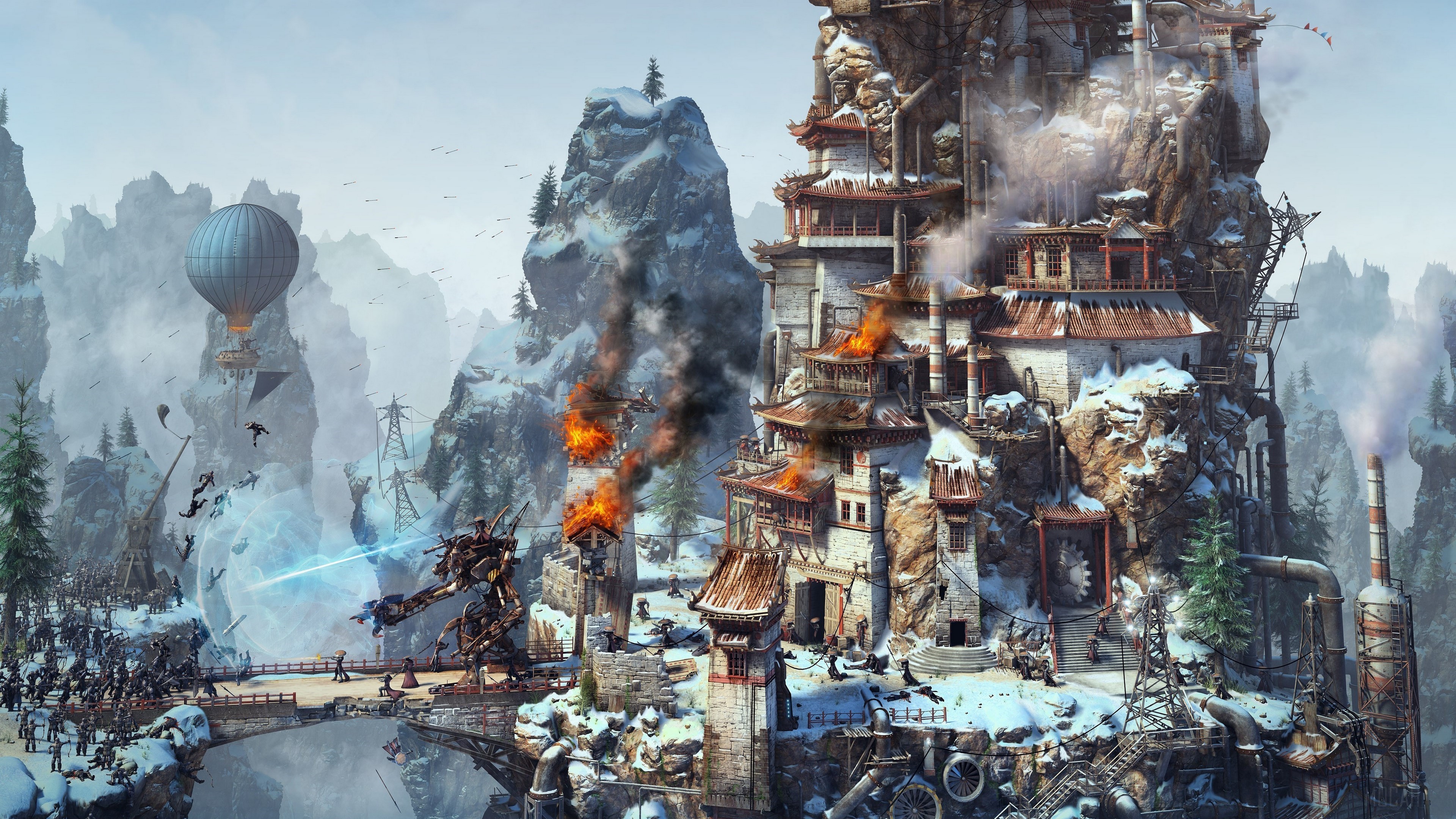 Steampunk battle in a snowy mountain fortress HD Wallpaper