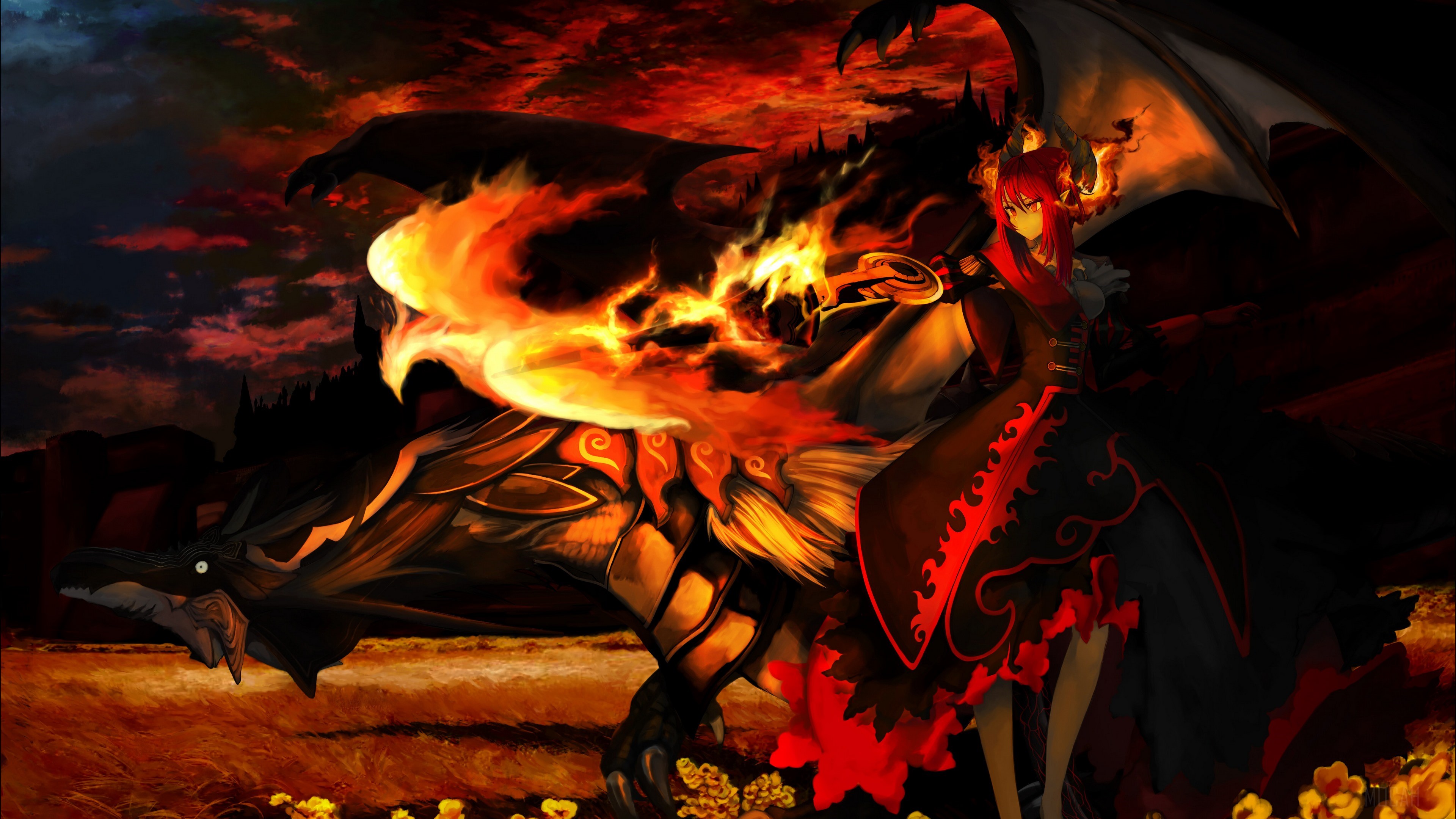 Anime girl with dragon breathing fire HD Wallpaper
