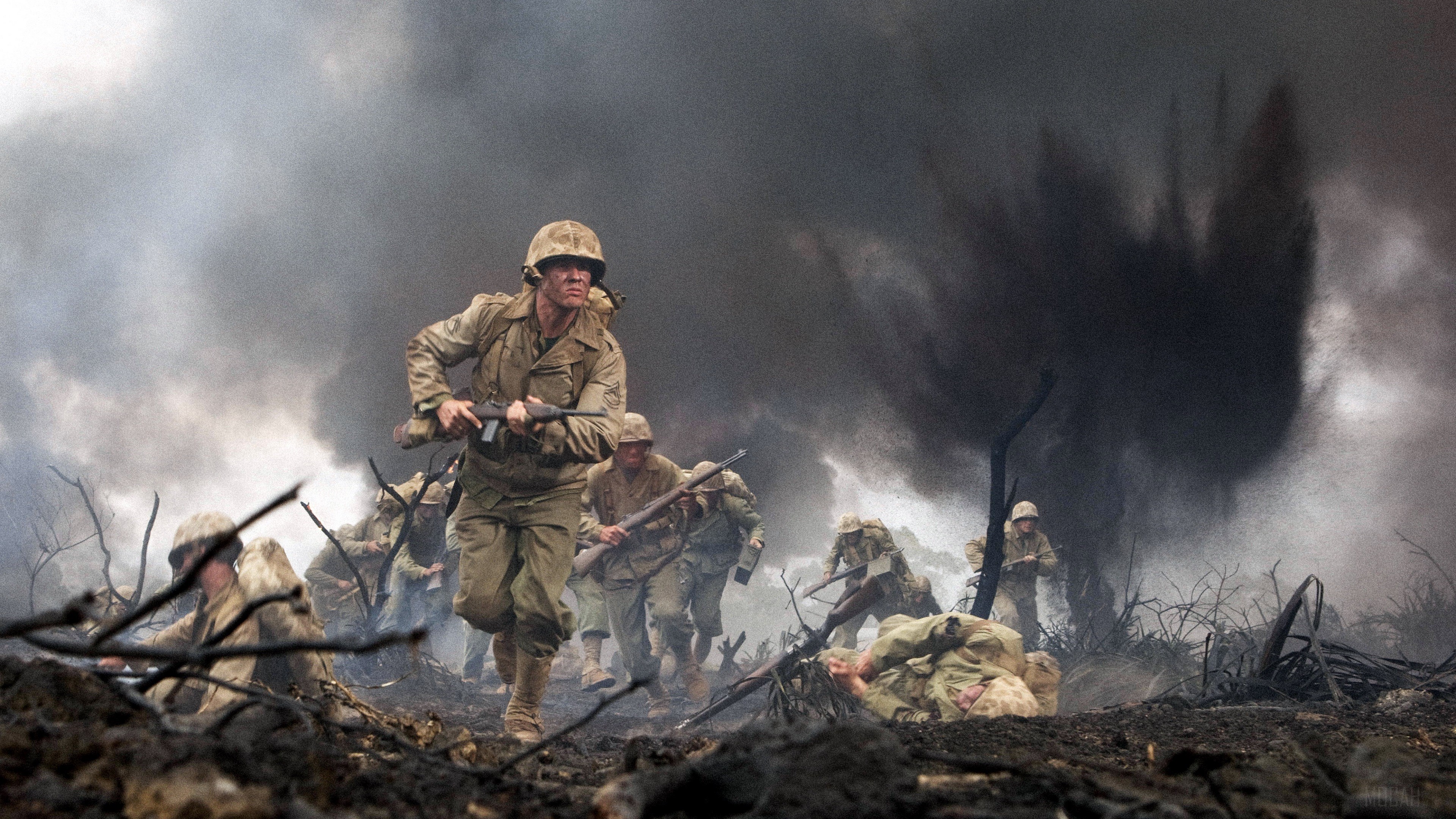 Marines charging through smoke and fire HD Wallpaper
