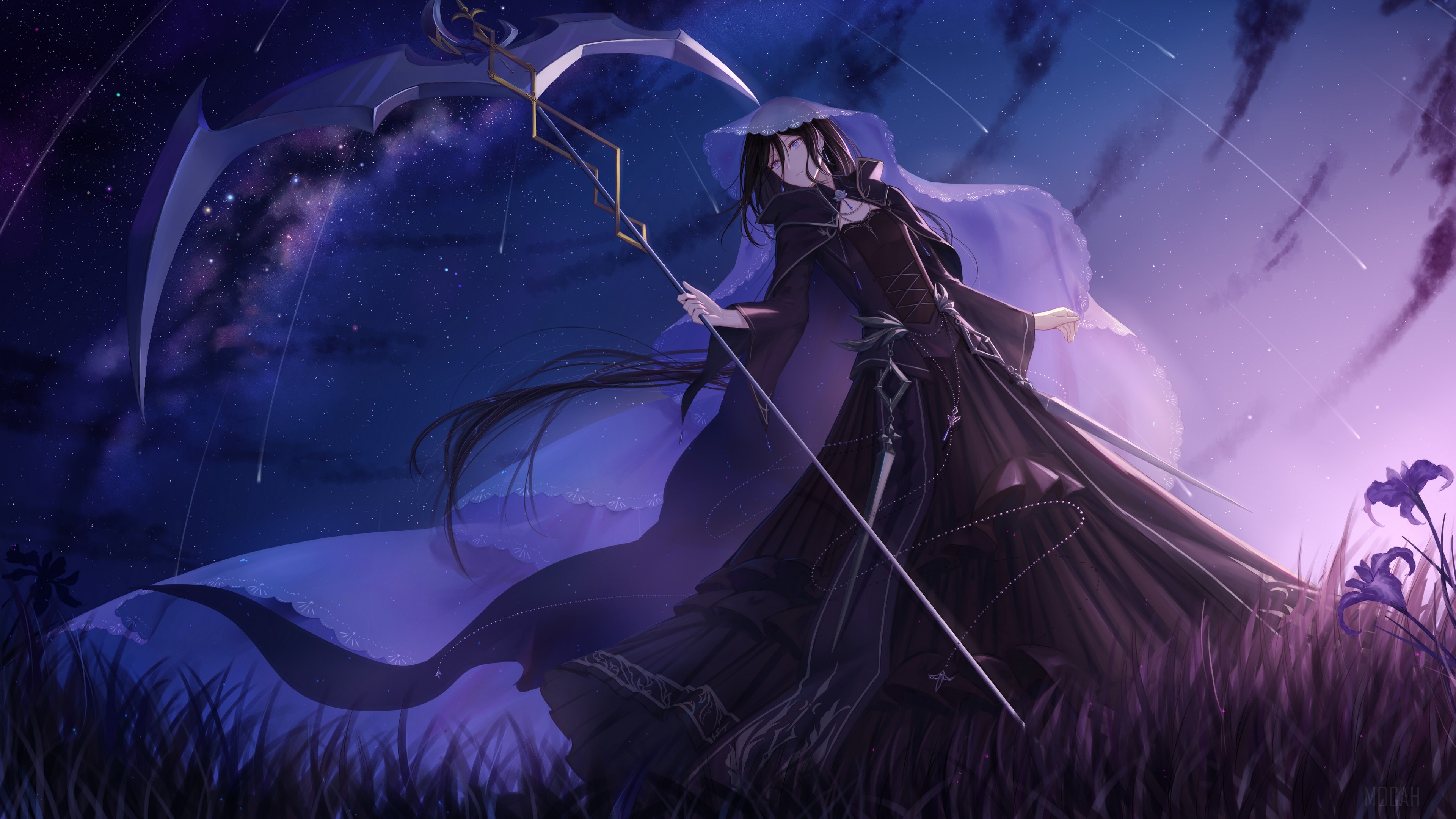 Anime girl with scythe under starry sky HD Wallpaper