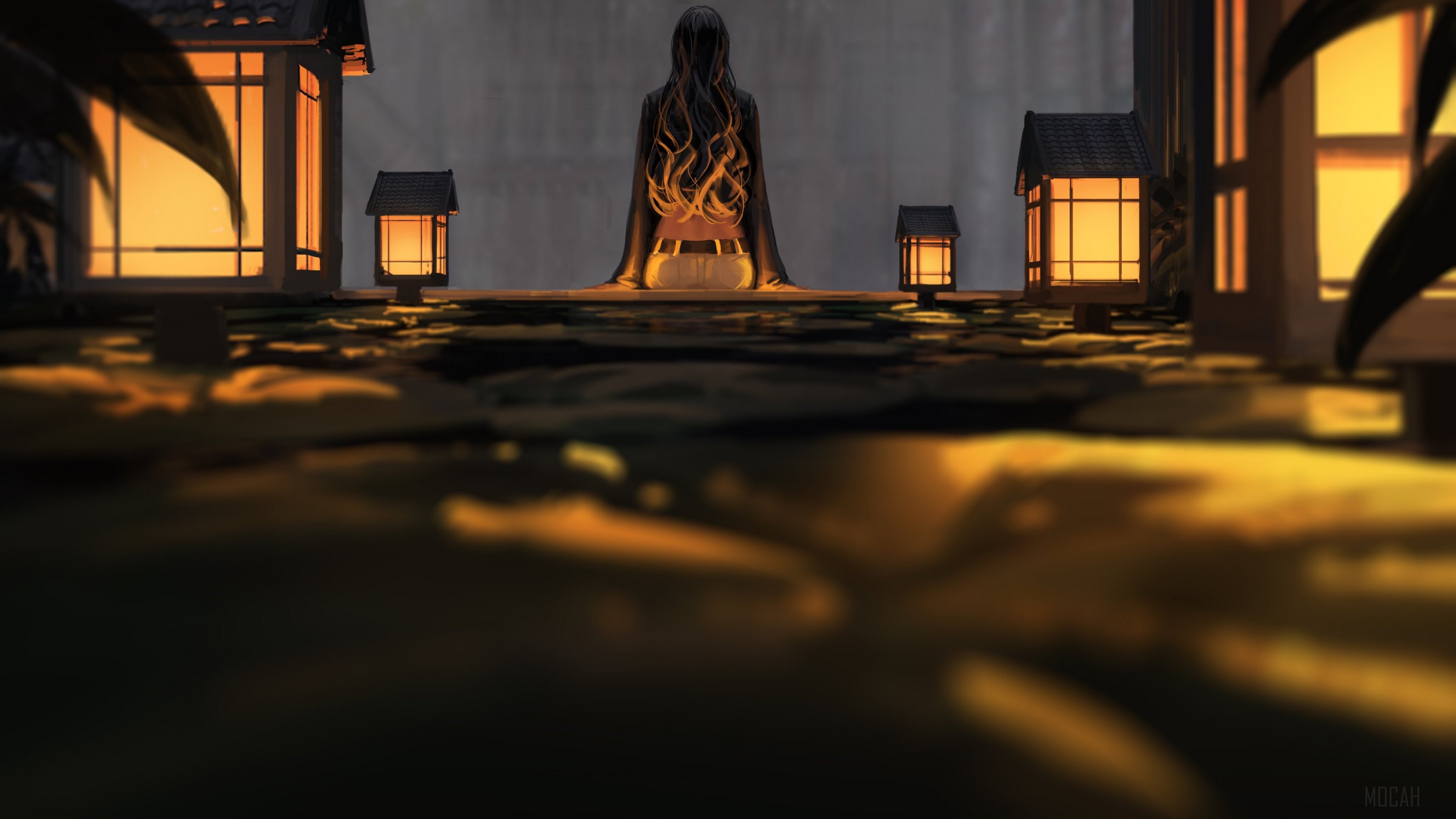 Girl in traditional Japanese setting with lanterns HD Wallpaper
