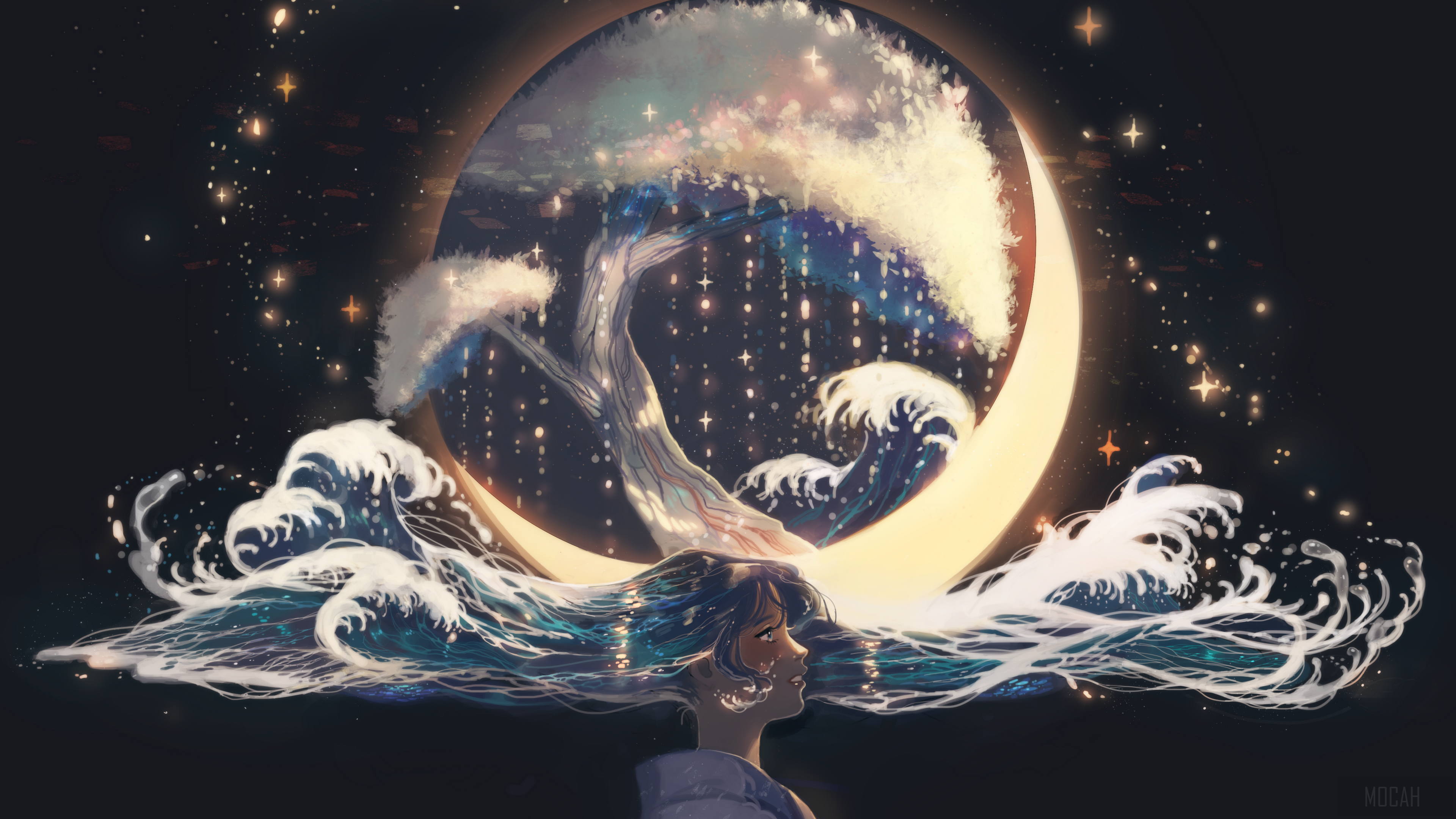 Girl with flowing hair and ocean waves under a crescent moon with a tree HD Wallpaper