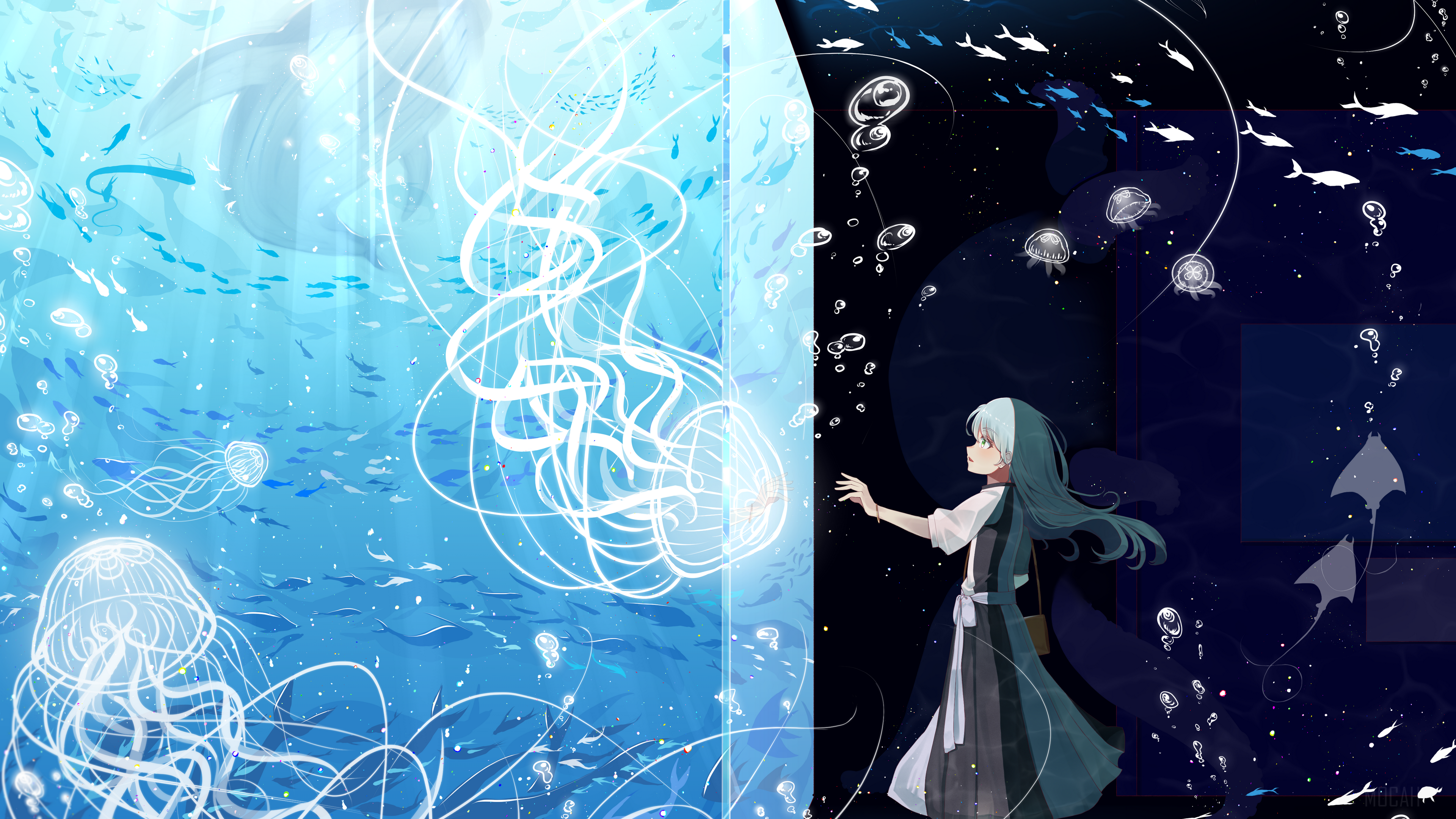 Anime girl in underwater world with jellyfish and fish HD Wallpaper
