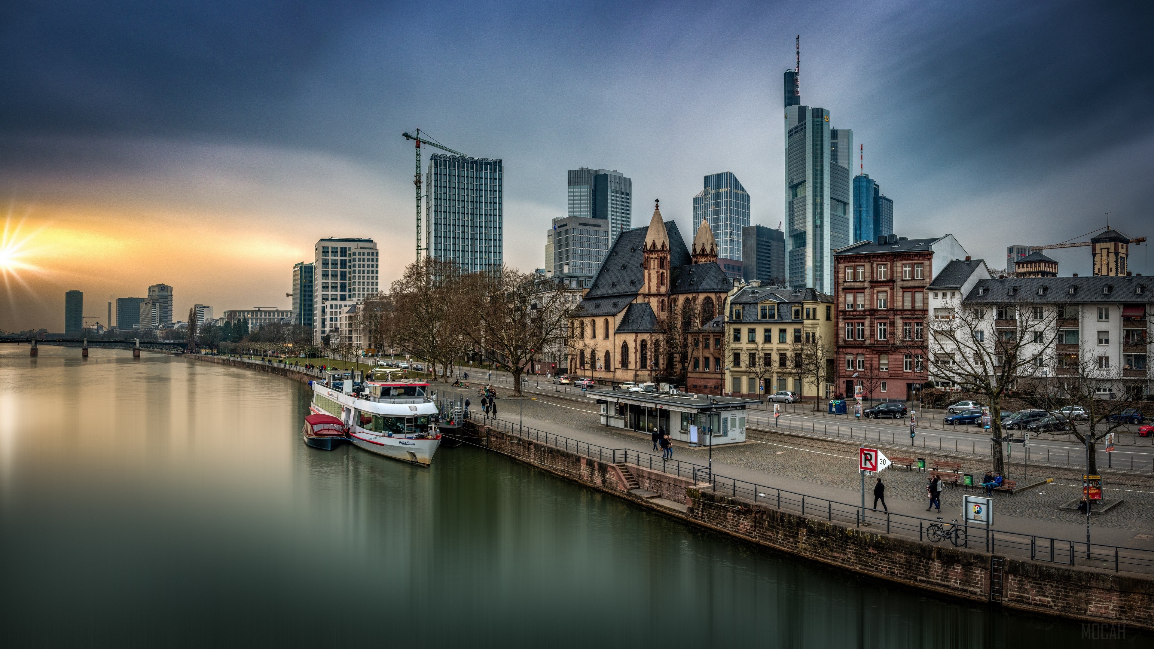 Frankfurt skyline and river with boats, Germany 4K HD Wallpaper