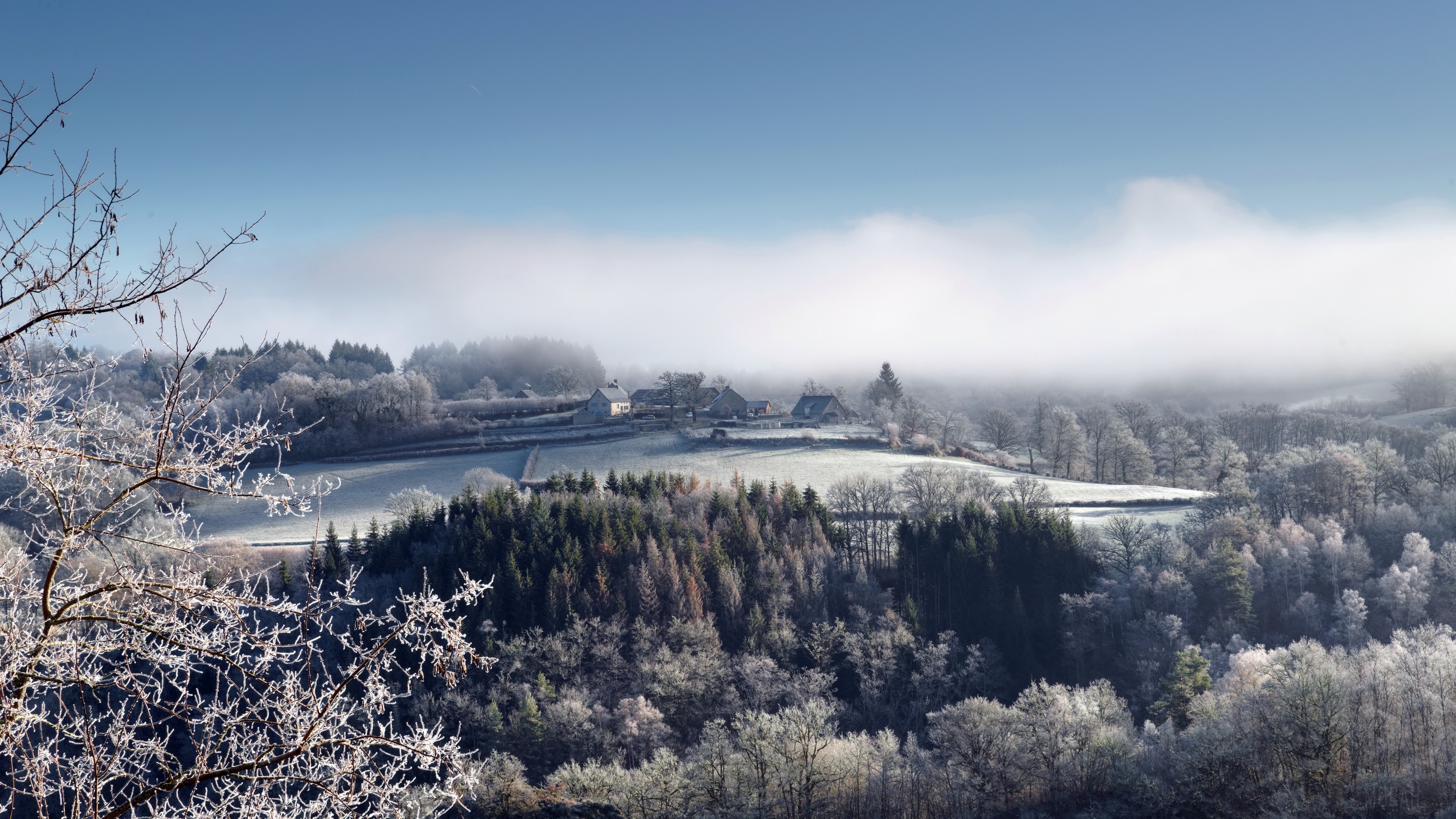 Winter landscape with a village in France HD Wallpaper