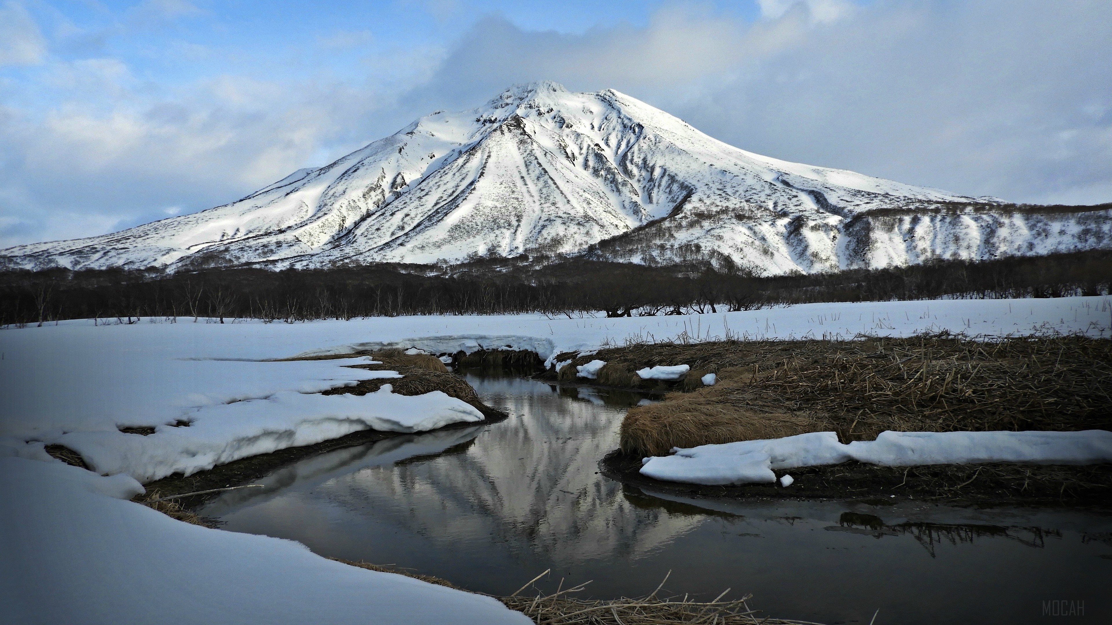 Snow-covered Volcano and River in Winter HD Wallpaper