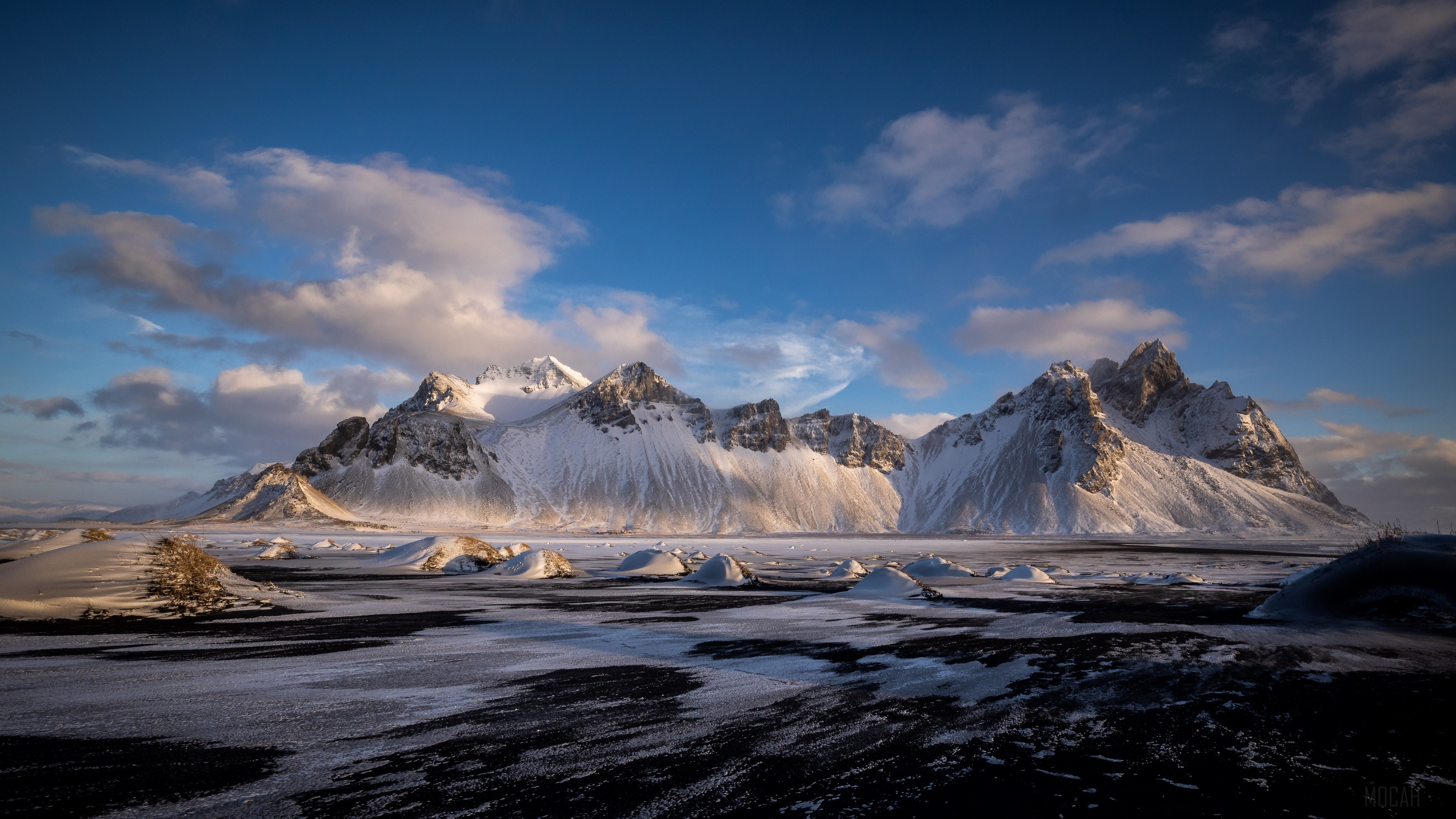 Snowy Mountains and Black Sand Beach HD Wallpaper