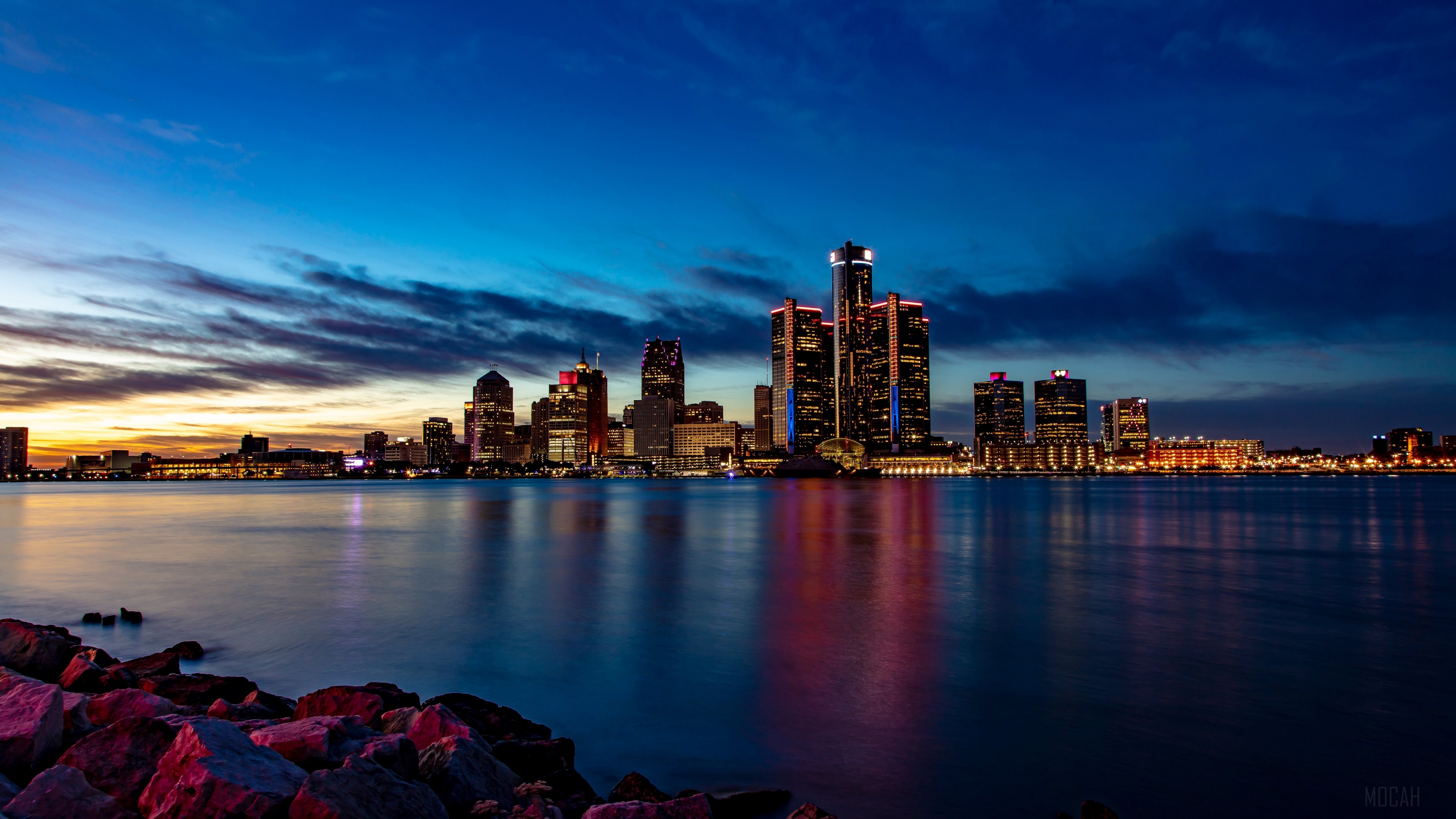 Detroit skyline at dusk over the river HD Wallpaper