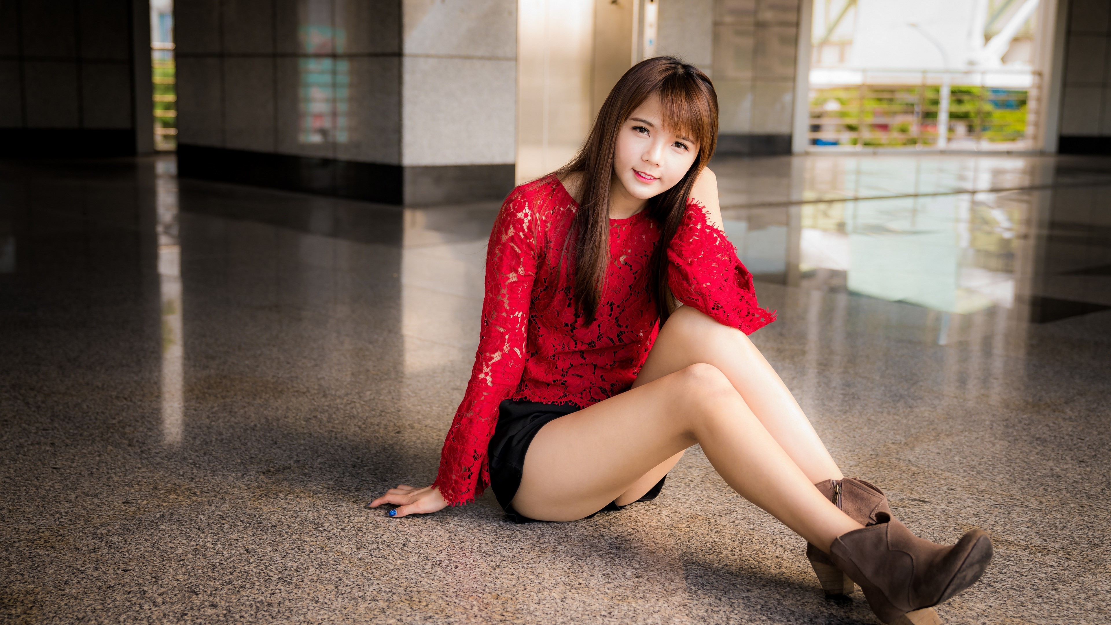 Young woman in red lace top and black shorts HD Wallpaper