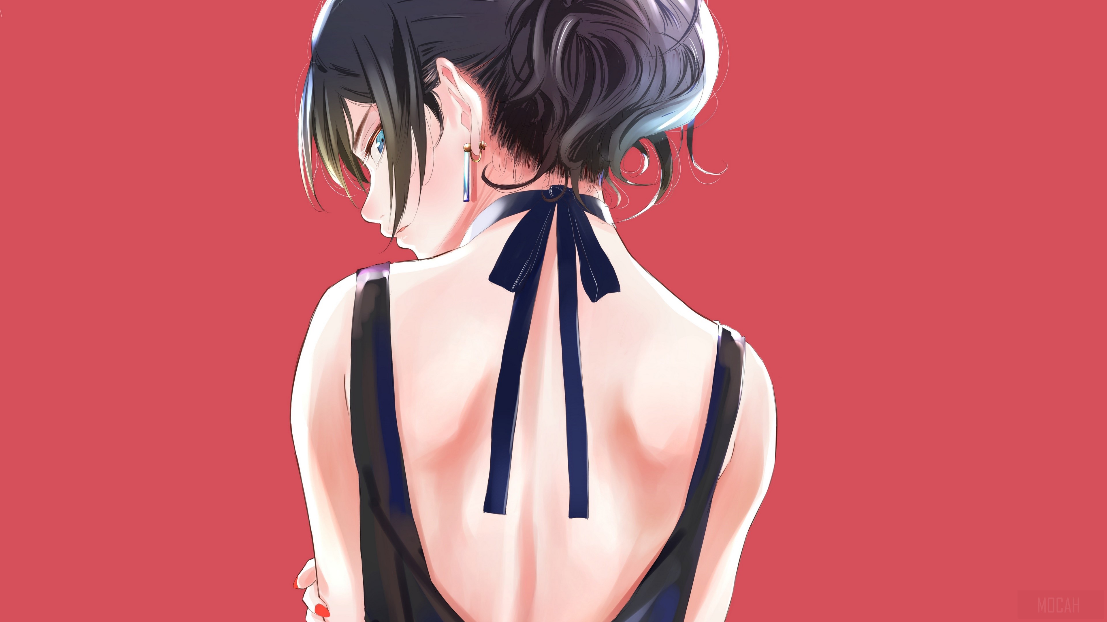 Woman in black dress with blue ribbon HD Wallpaper