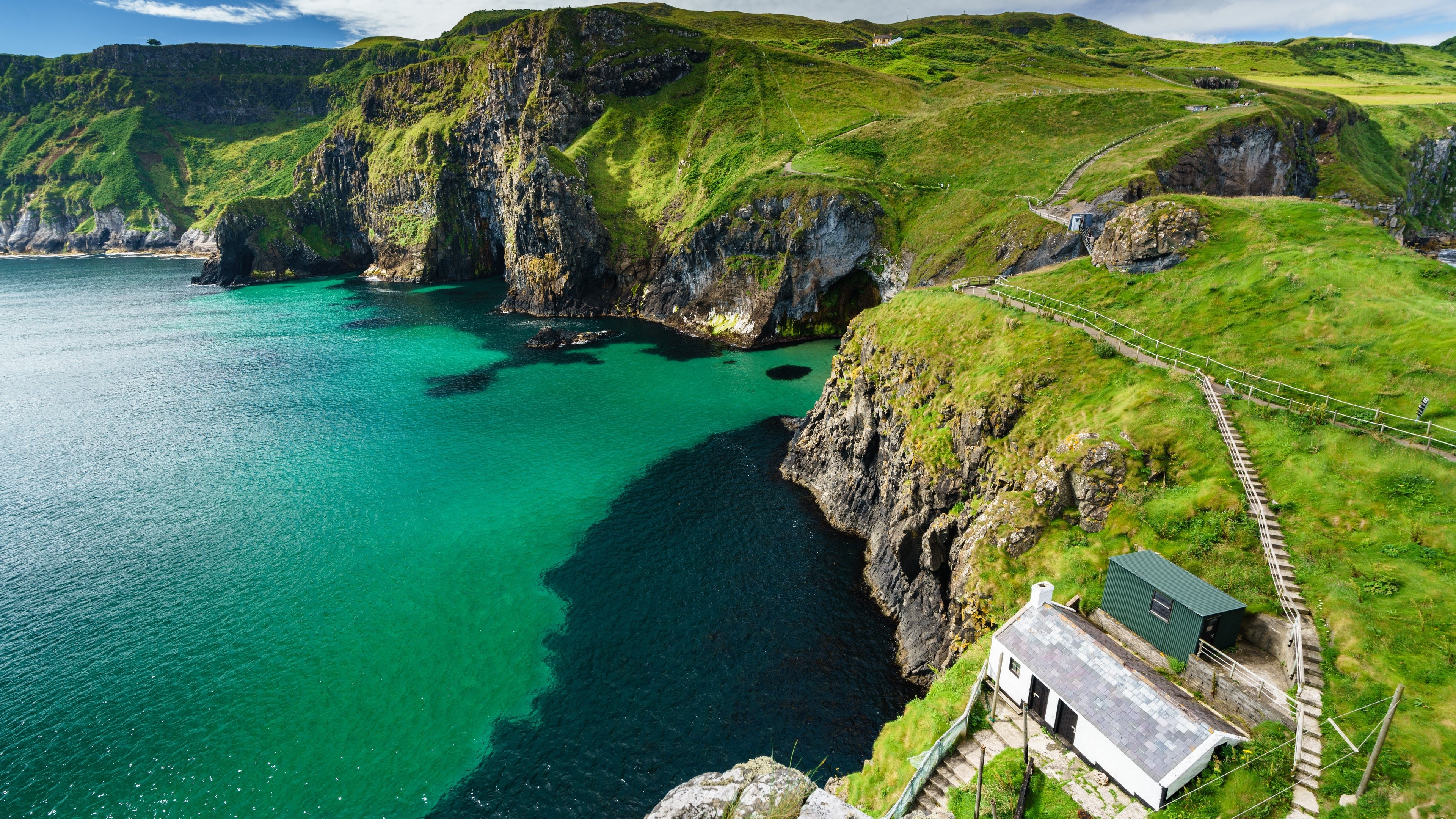 Rugged Coastline with Green Hills and Turquoise Water 4K HD Wallpaper
