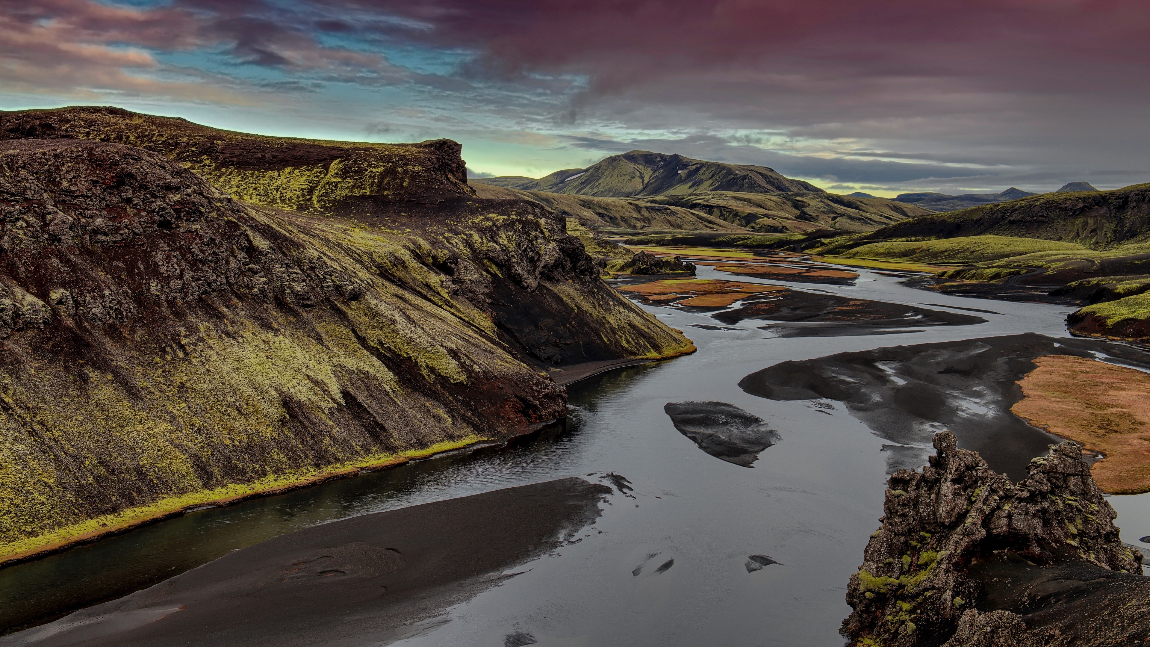 River landscape with mountains and dramatic sky 4K HD Wallpaper