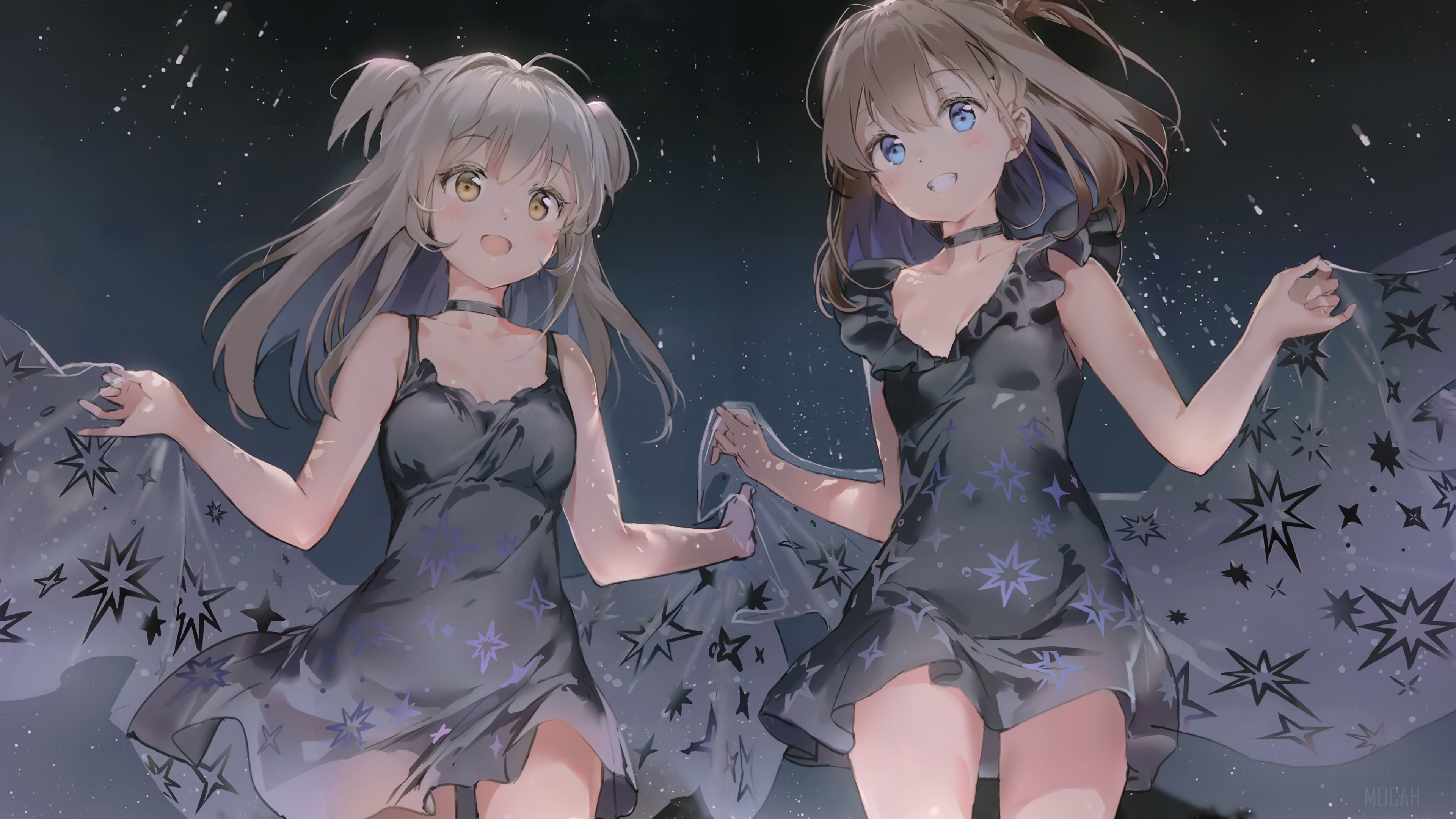 Two girls in star-patterned dresses HD Wallpaper