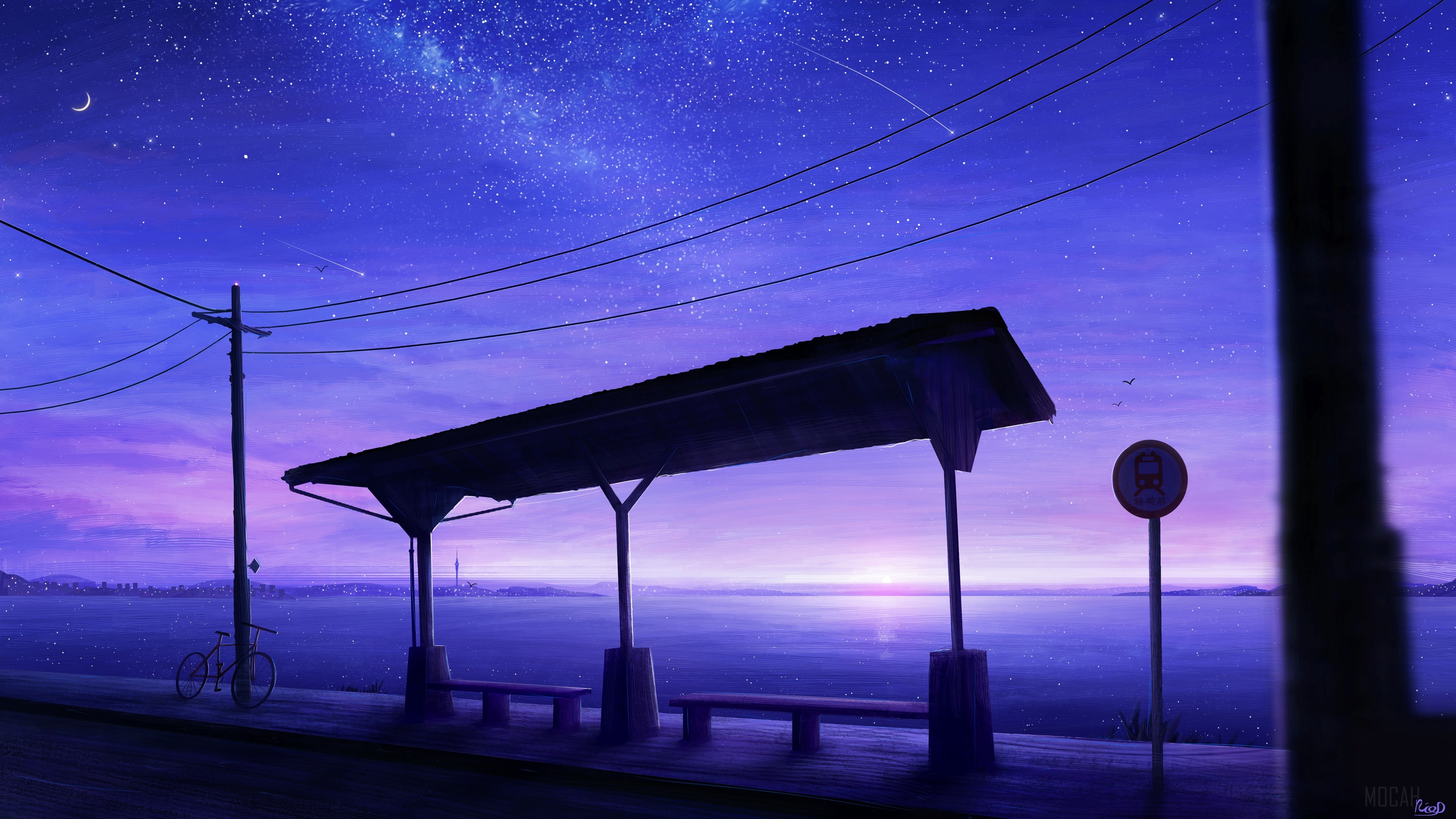 Bus Stop by the Sea Under a Starry Sky HD Wallpaper