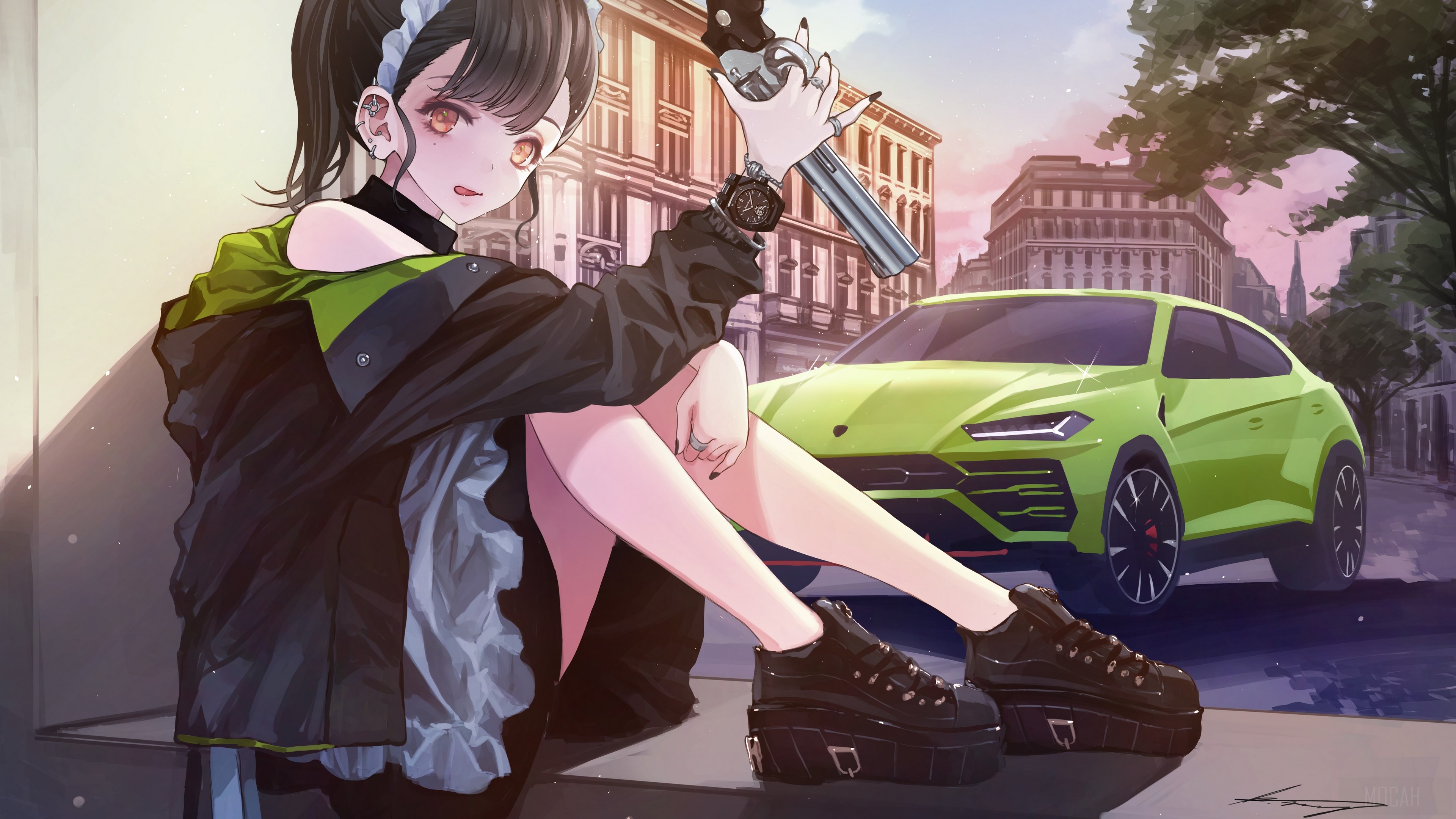 Girl with Gun and Lamborghini 4K HD Wallpaper