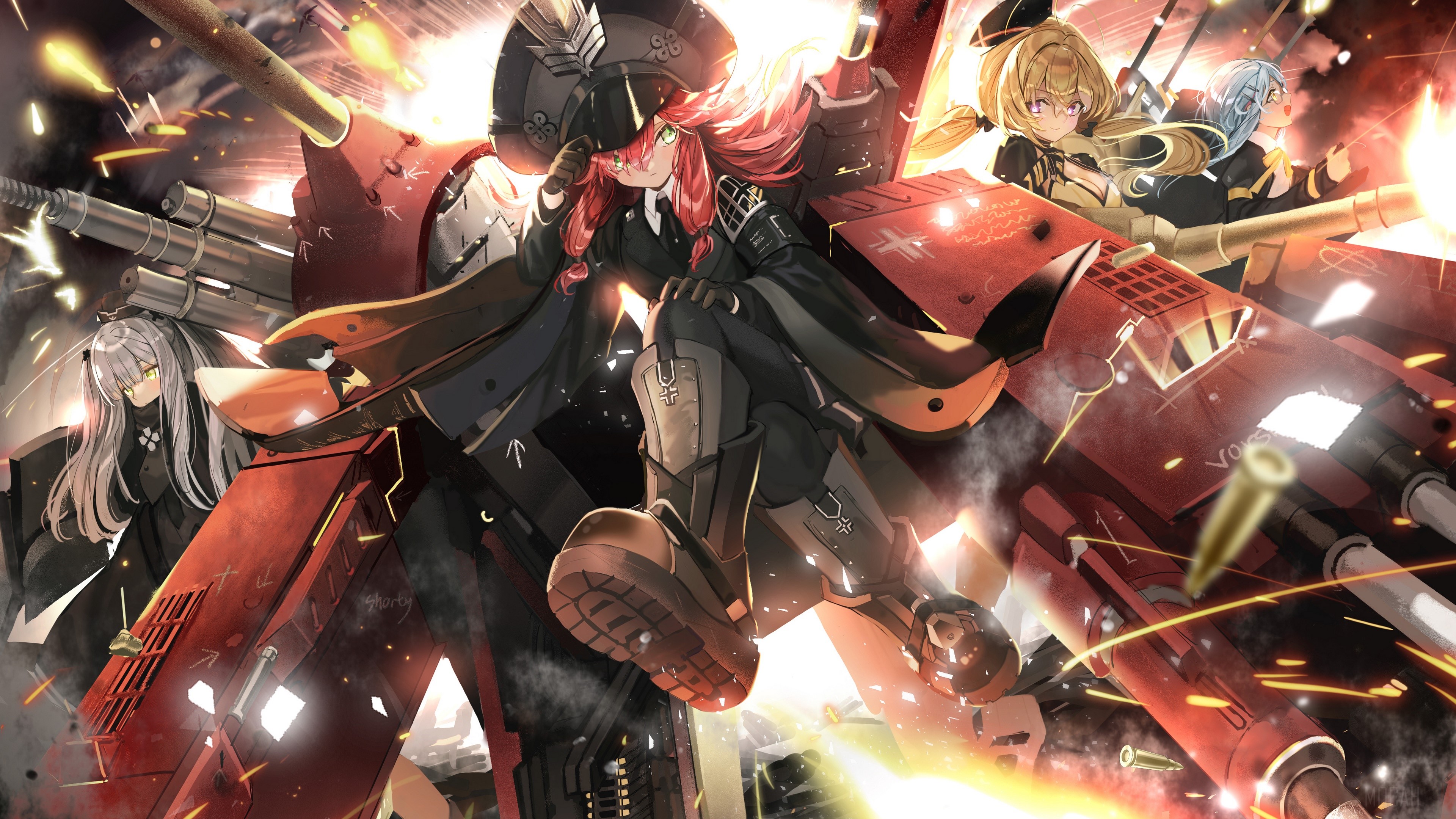 Girls with military mechs in battle HD Wallpaper