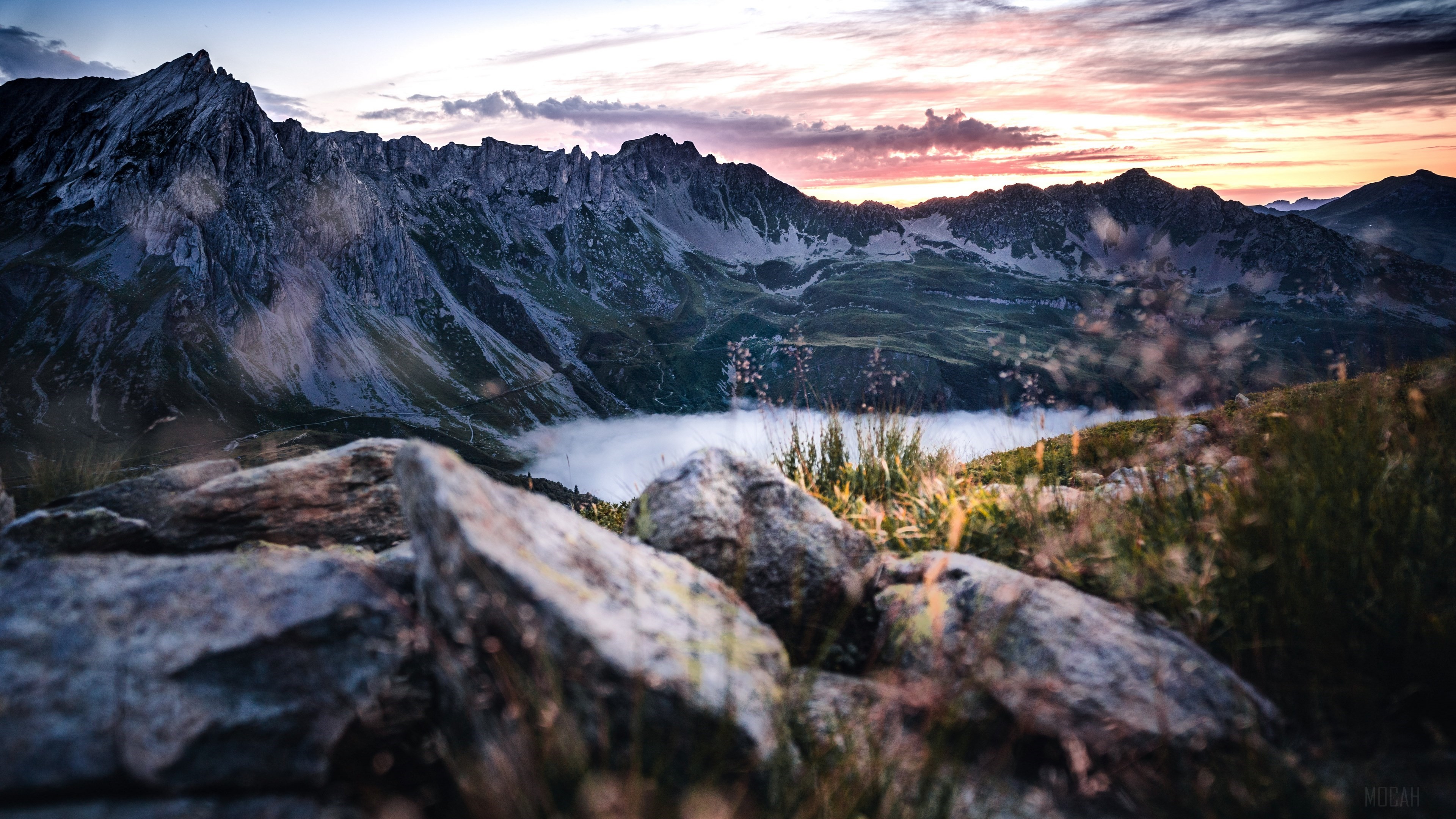 Mountain range with fog and sunset 4K HD Wallpaper