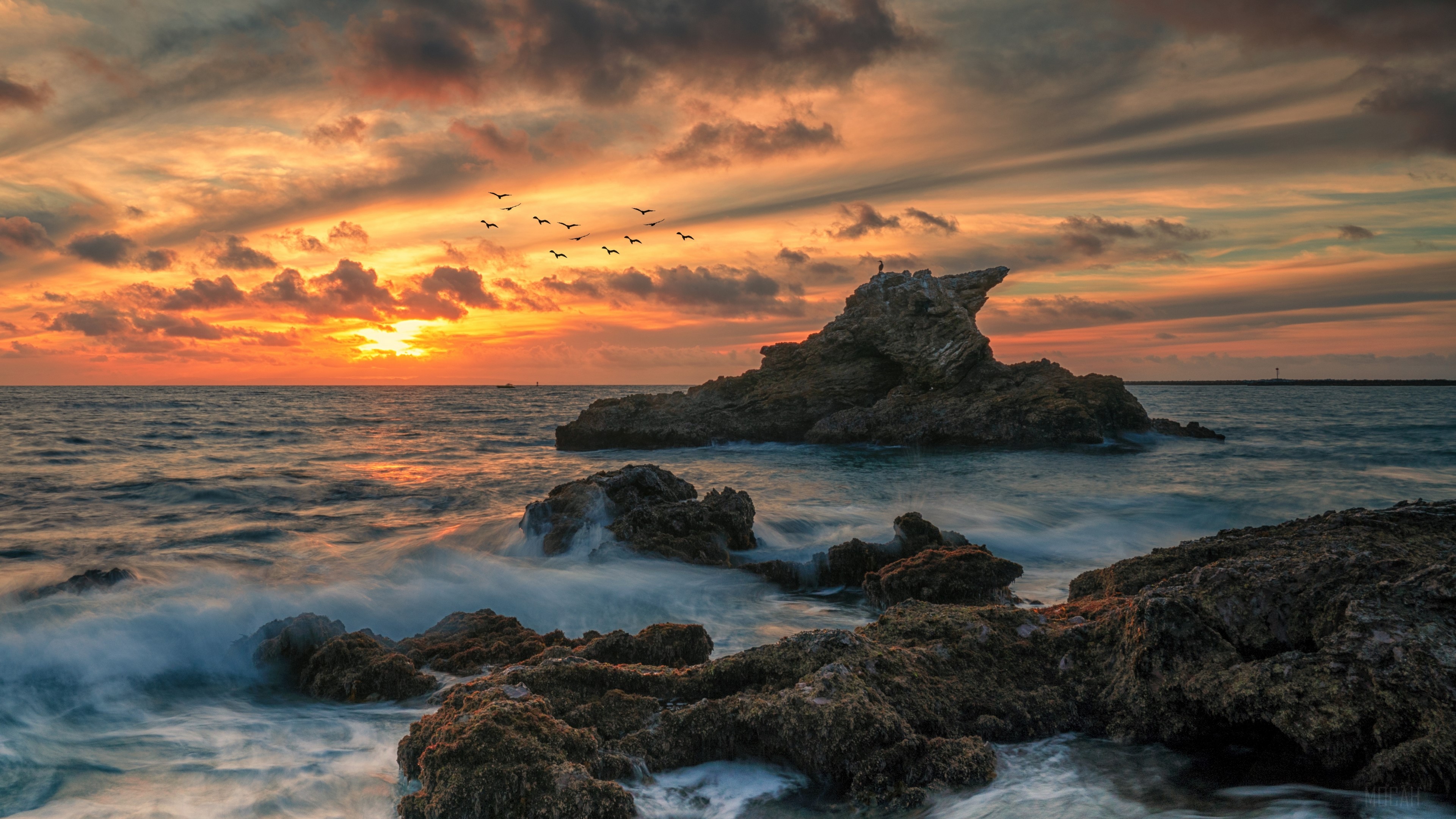 Ocean Sunset with Rocks and Birds 4K HD Wallpaper