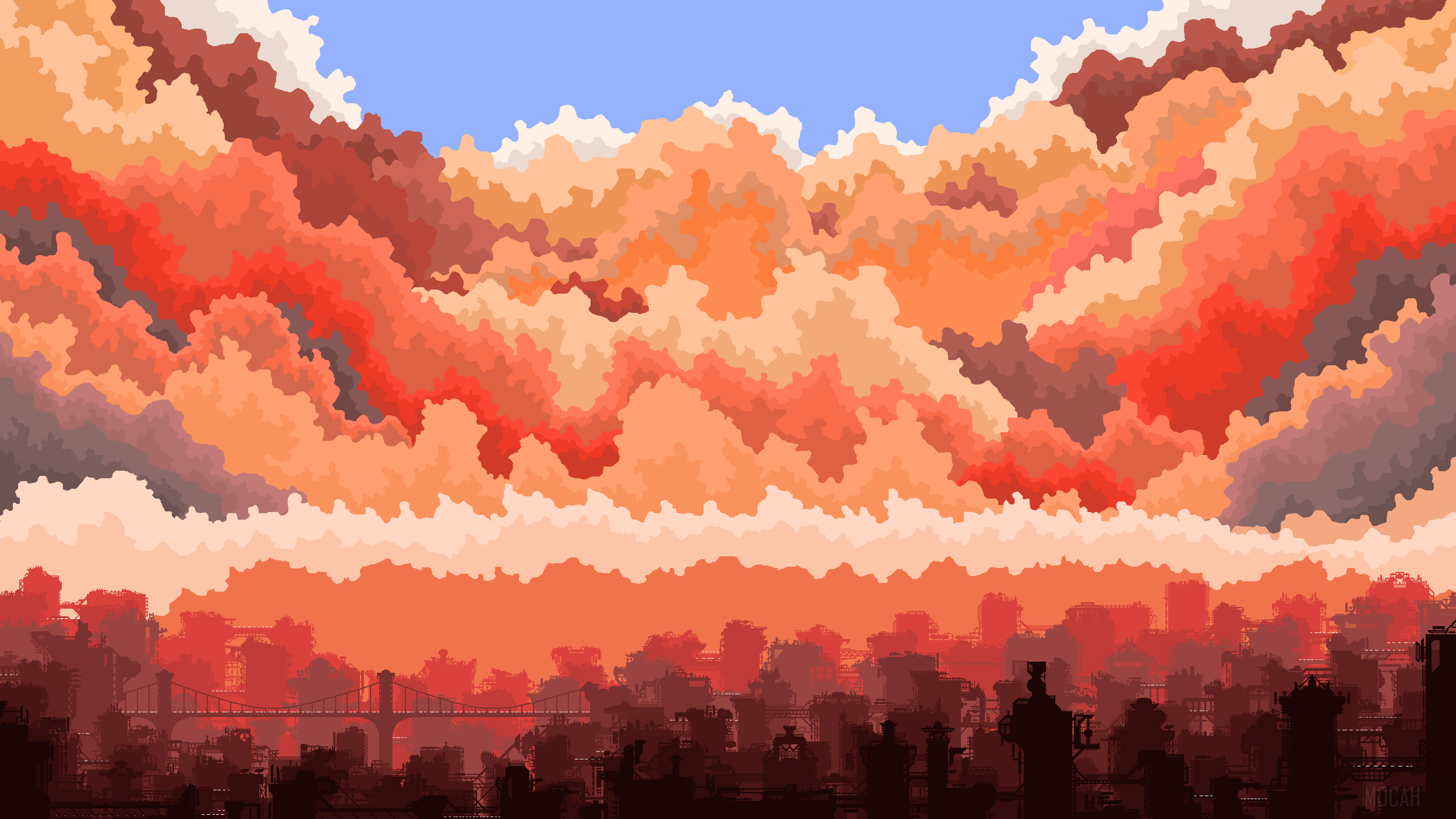 Pixel art city skyline with dramatic clouds HD Wallpaper