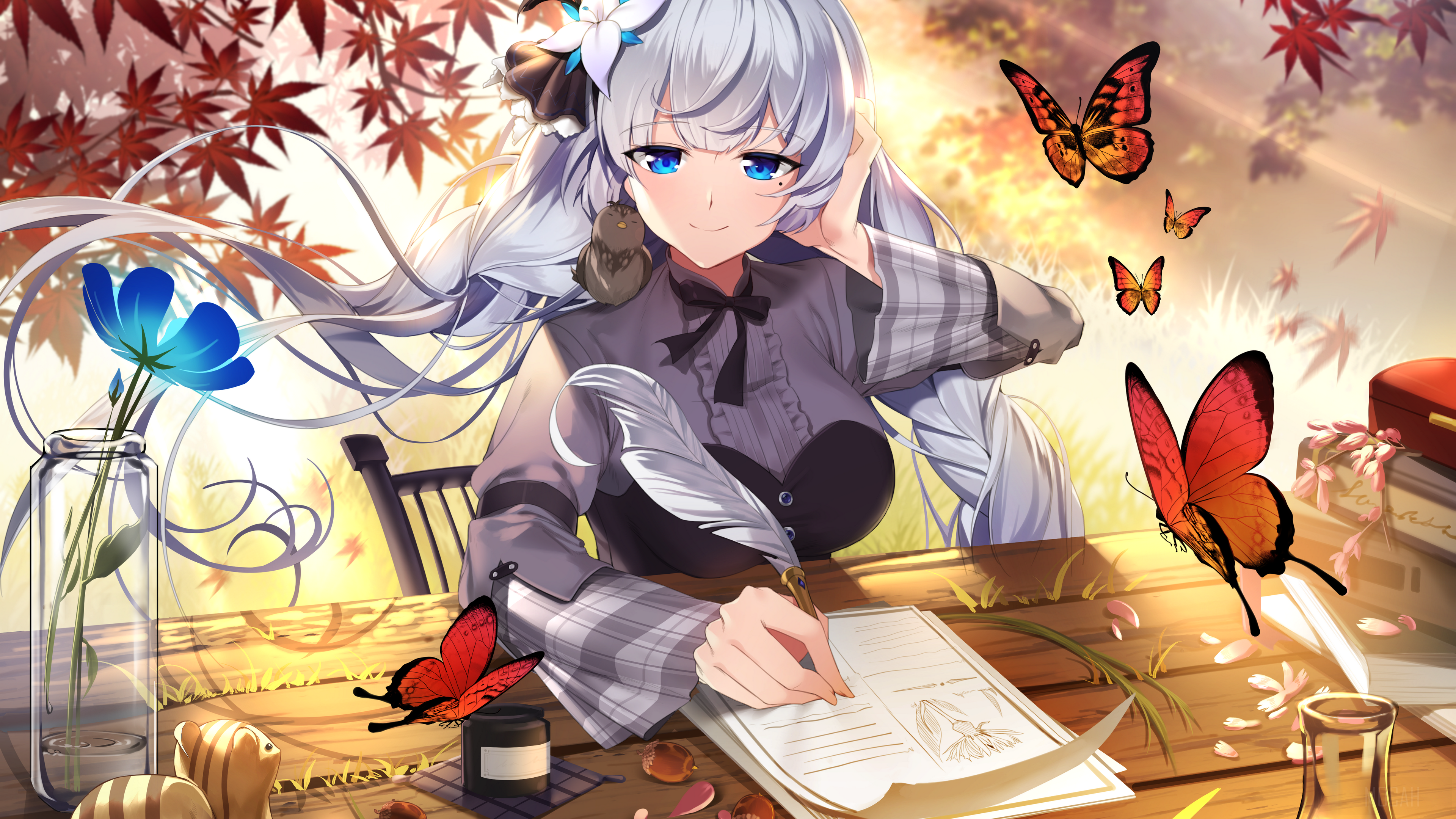 Girl with long hair writing with a quill, butterflies and flowers HD Wallpaper