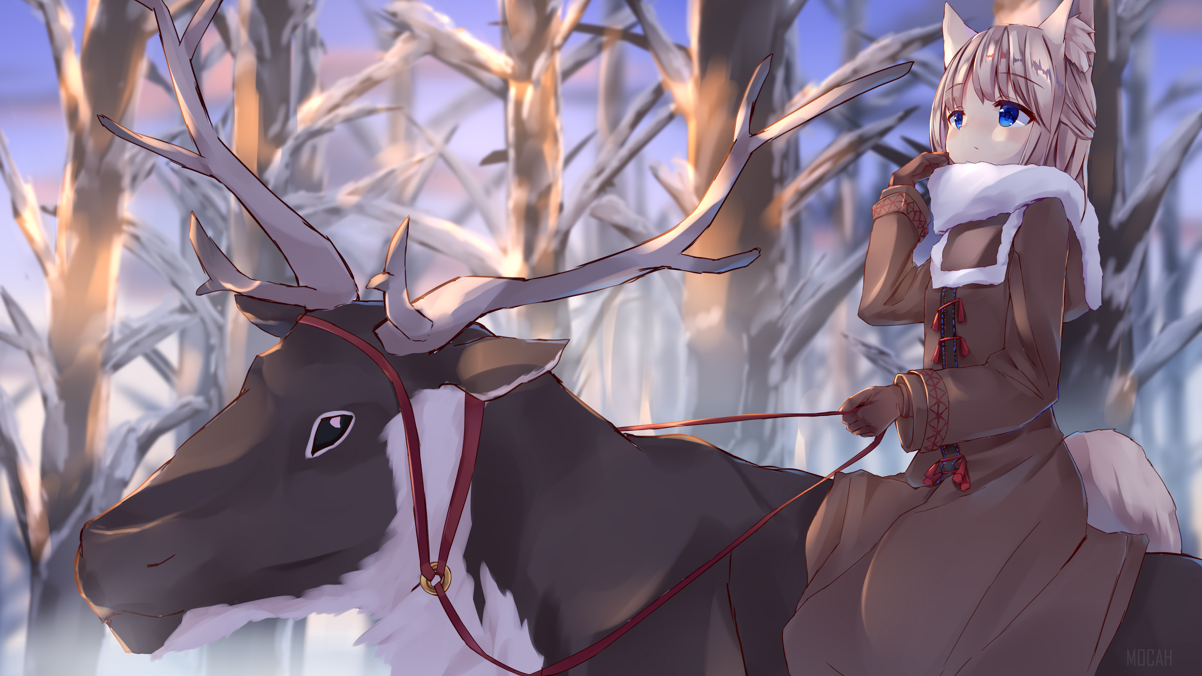 Girl with animal ears riding a reindeer in a snowy forest HD Wallpaper