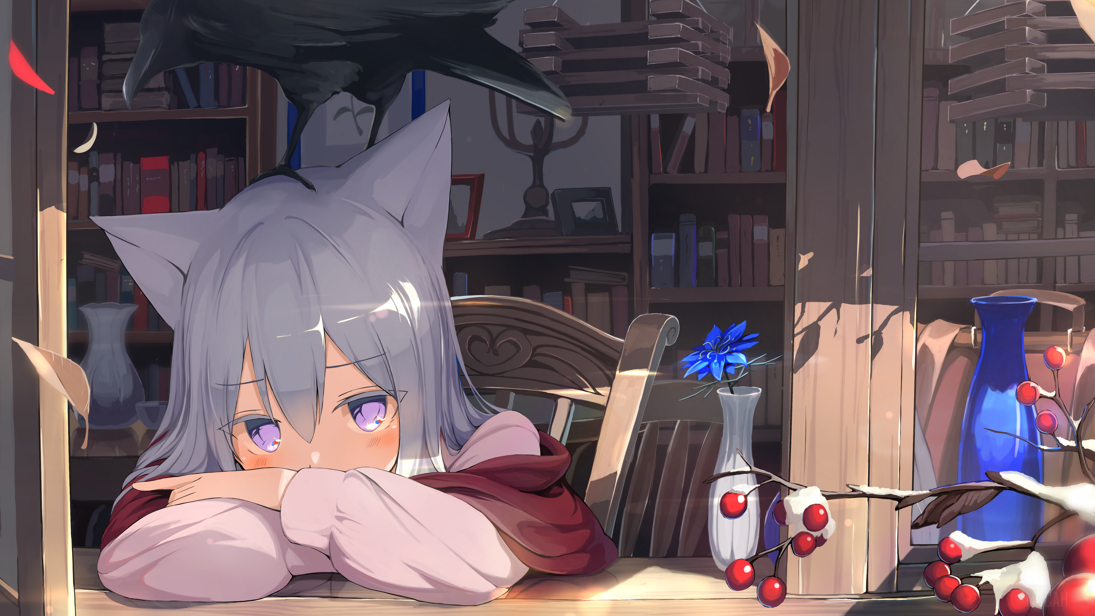 Anime girl with cat ears and crow in library 4K HD Wallpaper
