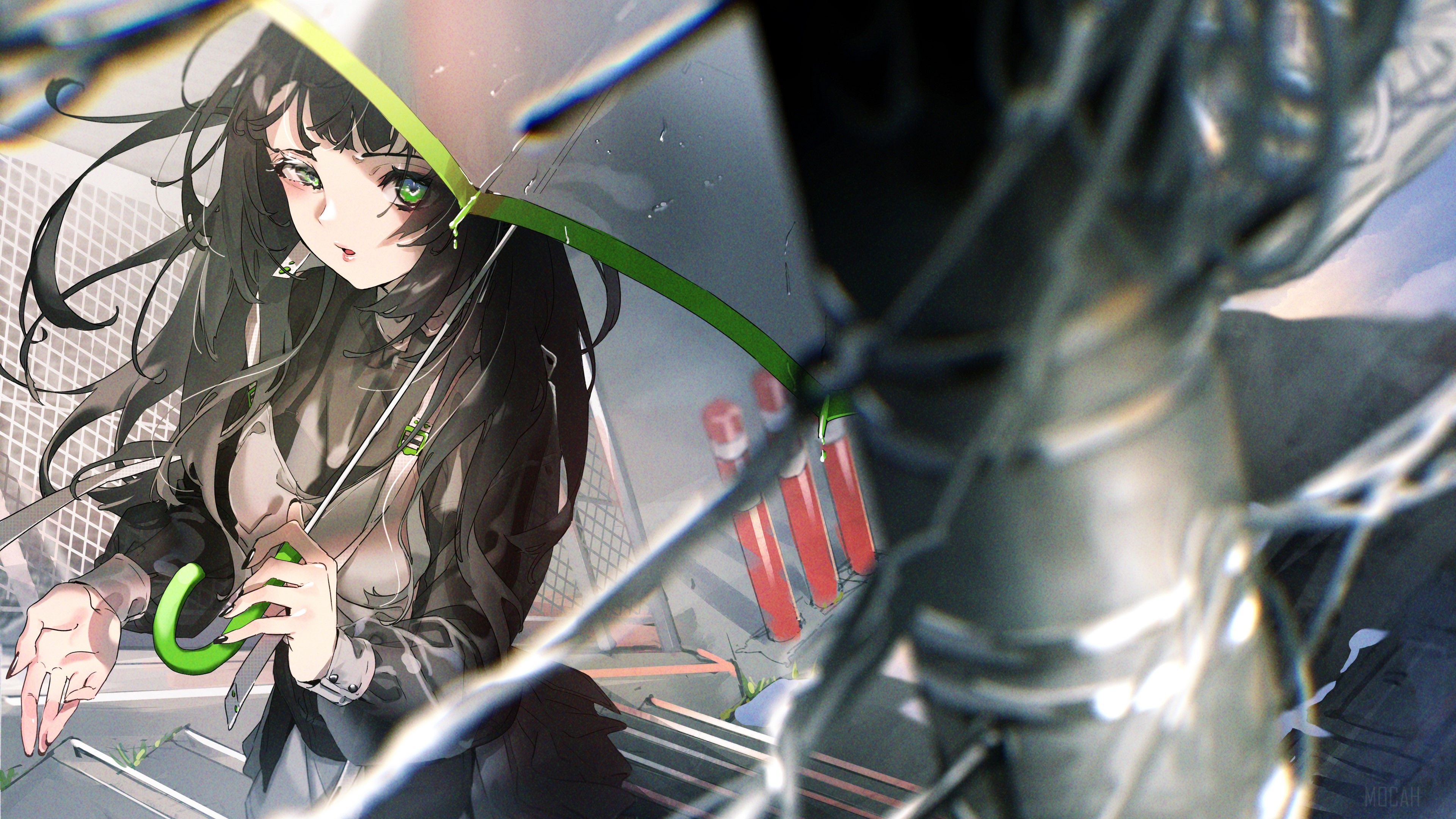 Girl with Black Hair and Green Eyes Holding Umbrella 4K HD Wallpaper