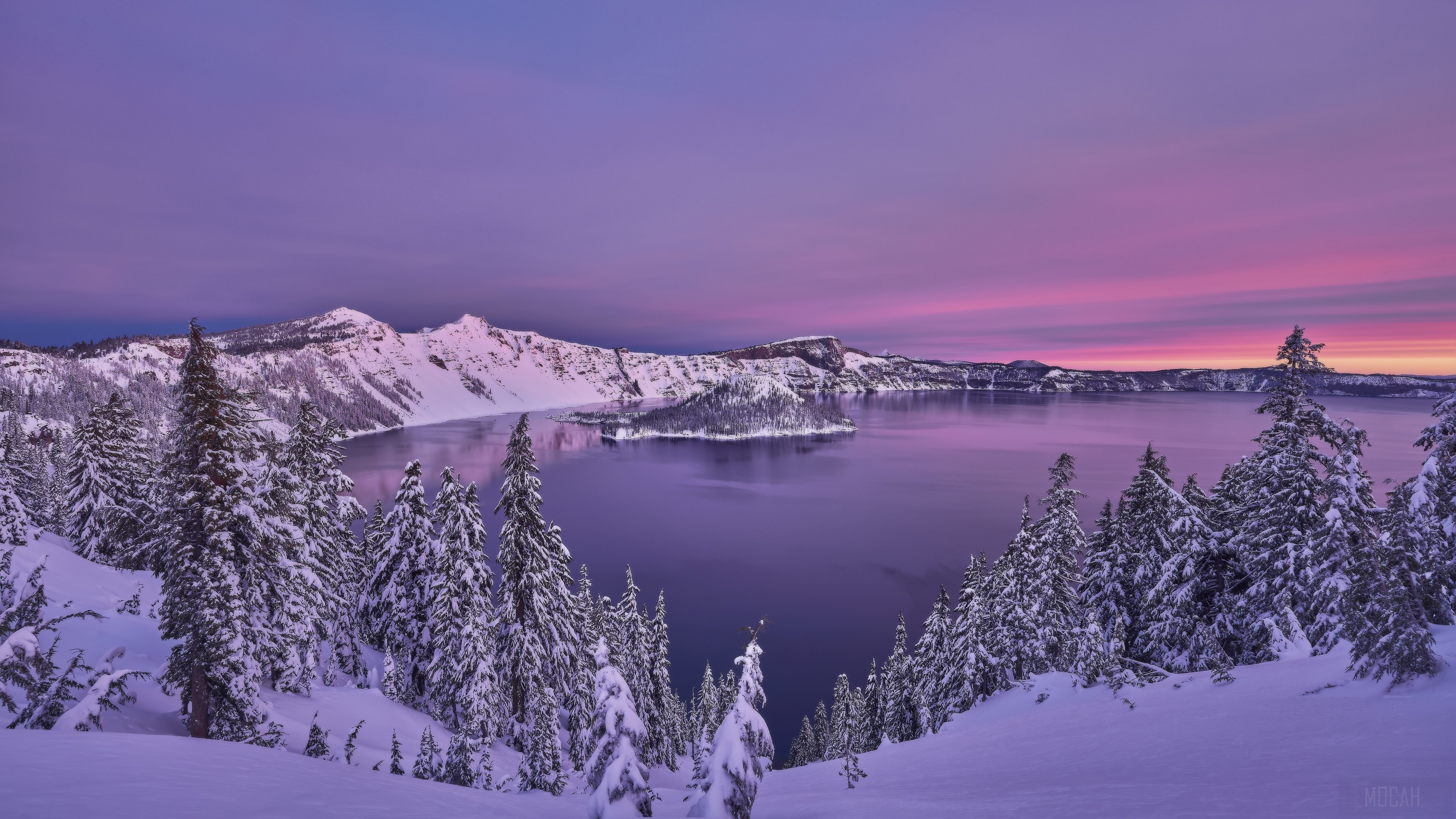 Crater Lake in Winter with Snow and Purple Sky 4K HD Wallpaper