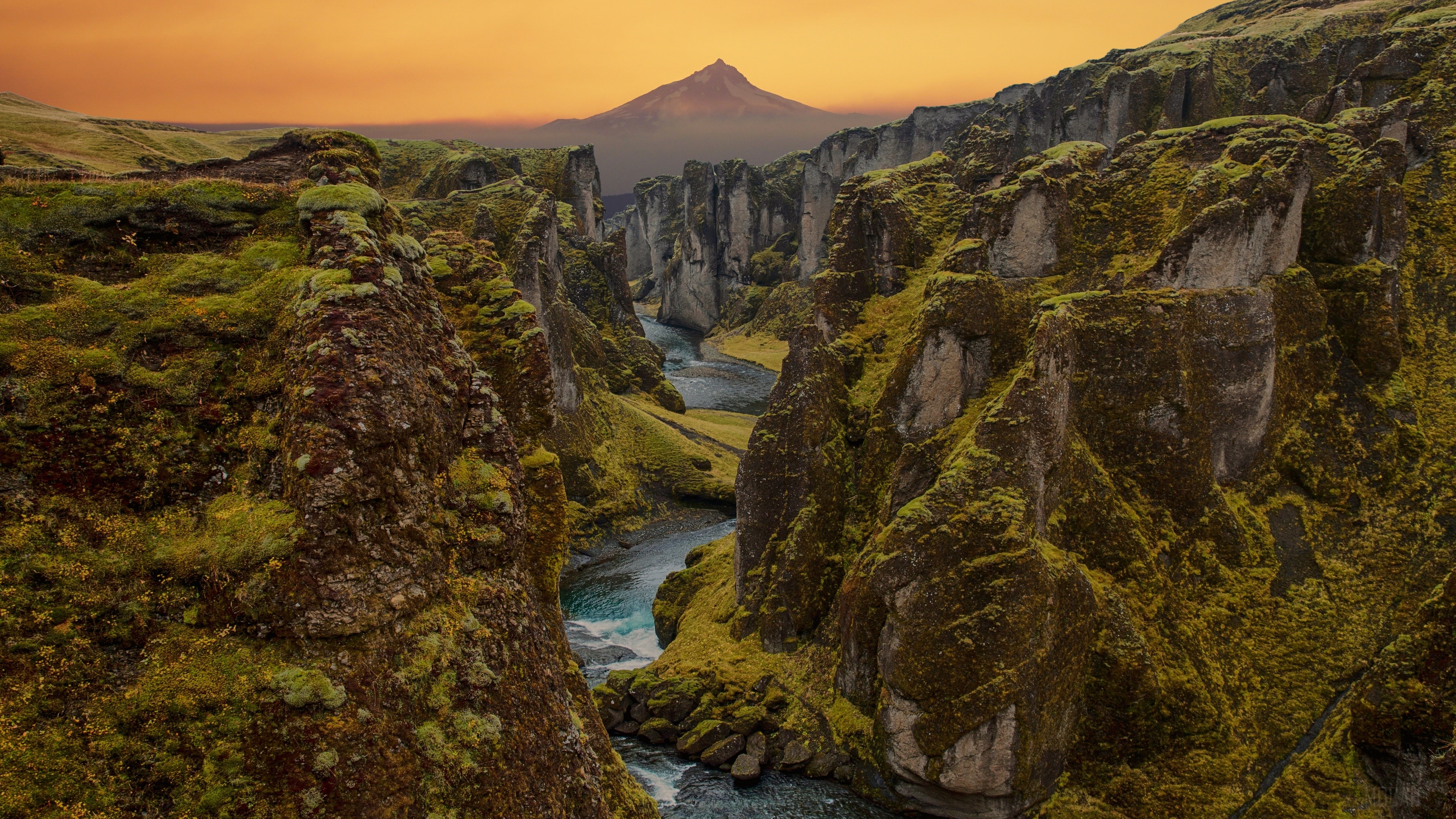 Mossy Canyon with River and Mountain 4K HD Wallpaper
