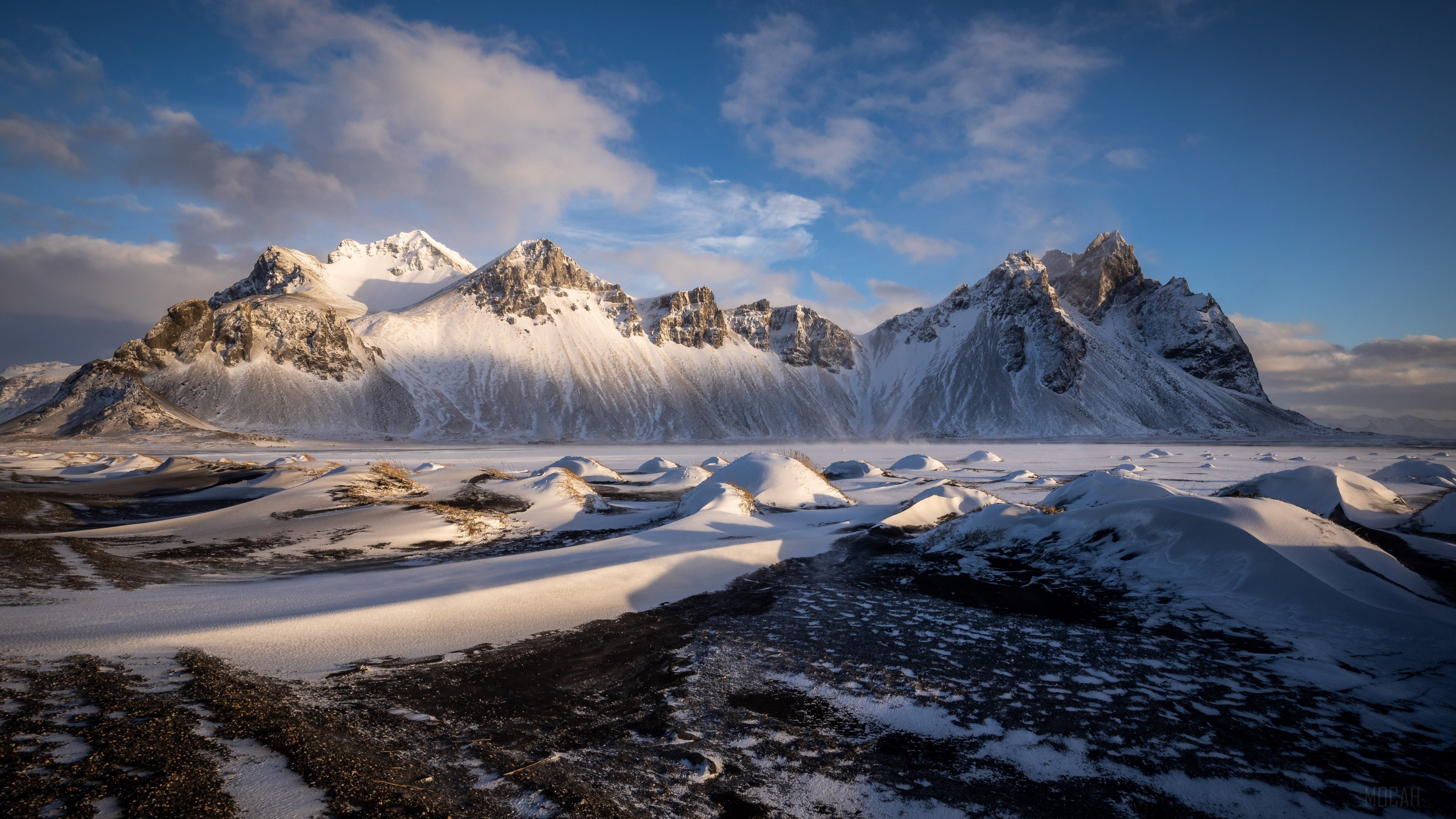 Snowy mountains in Iceland with dunes HD Wallpaper
